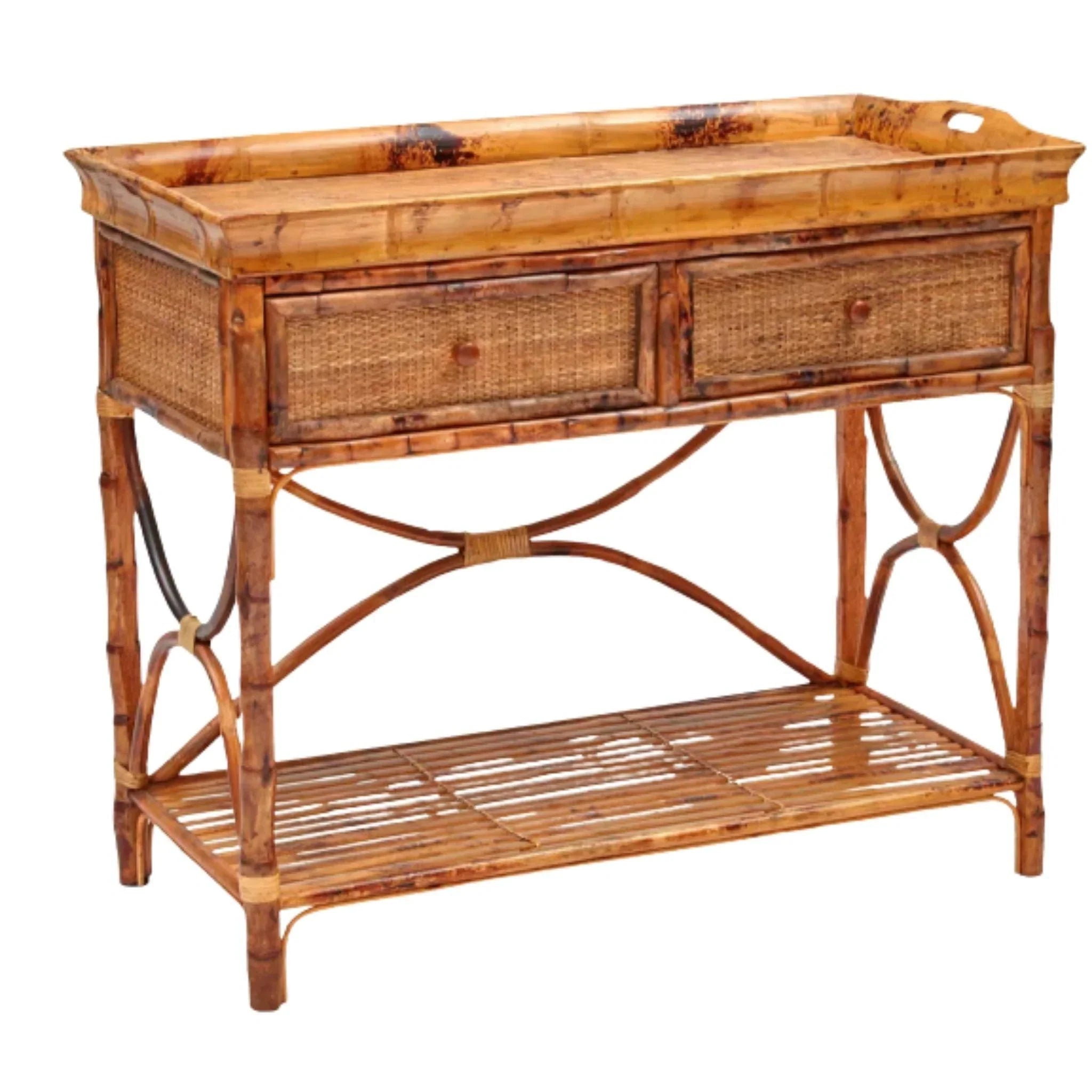 Antique Tortoise Shell Woven Front Two-Drawer English Serving Console Table - Perfect for Dining Room Buffet, Entryway Decor, and Vintage Home Staging