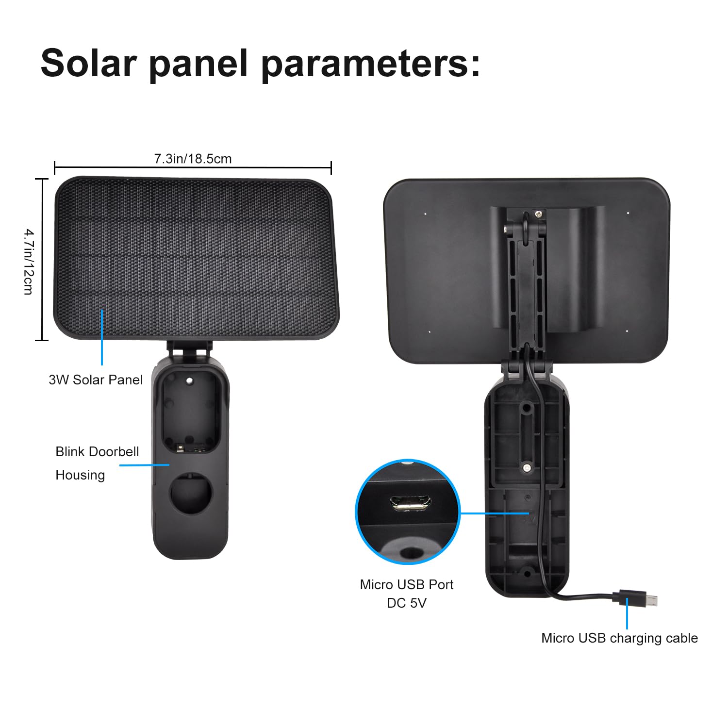 Blink Video Doorbell Solar Panel - 5000mAh Rechargeable Battery & 3m Micro USB Cable | Weatherproof Outdoor Solar Charger for Continuous Power | Perfect for Home Security & Smart Doorbell Systems