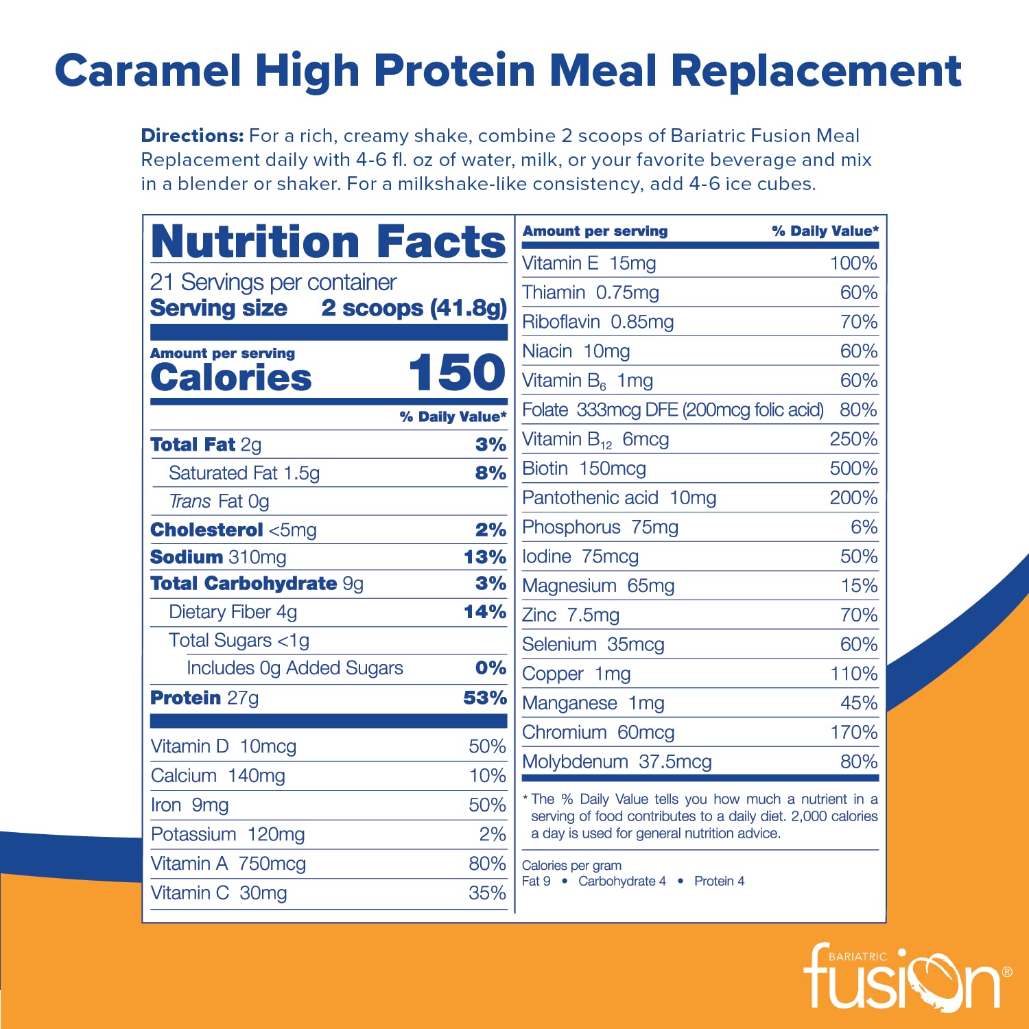 Bariatric Fusion Caramel Meal Replacement Protein Powder - 27g Protein per Serving, 21 Servings Tub - Gluten Free, No Aspartame or Sugar - Ideal for Post Bariatric Surgery (Gastric Bypass & Sleeve Gastrectomy) - Perfect for Weight Management & Nutrition Support