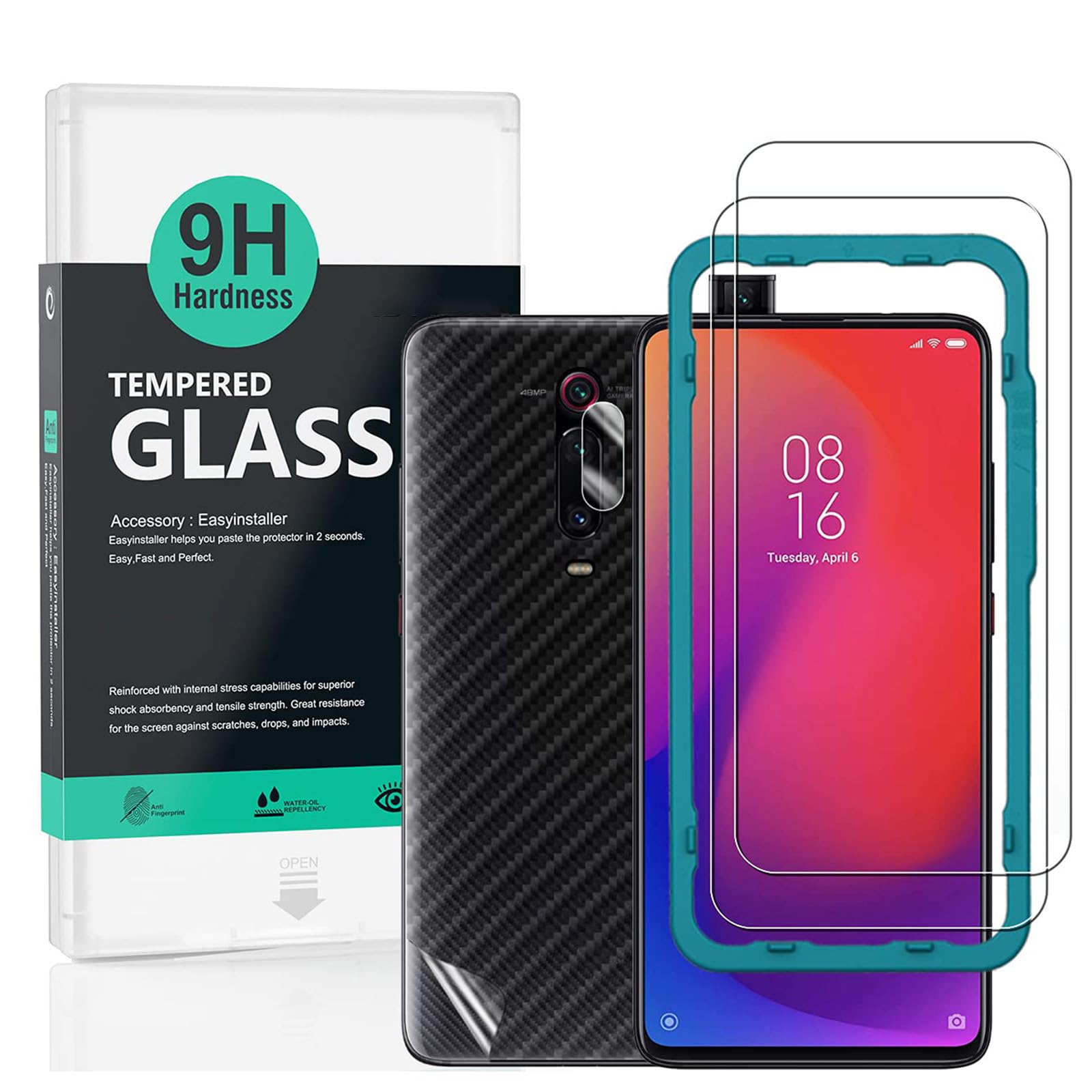 Ibywind 2-Pack Tempered Glass Screen Protector for Xiaomi Mi 9T/Mi 9T Pro/Redmi K20/K20 Pro - Includes Camera Lens Protector & Carbon Fiber Back Skin with Easy Installation Kit | Perfect for Daily Protection, Gaming, and Work Use