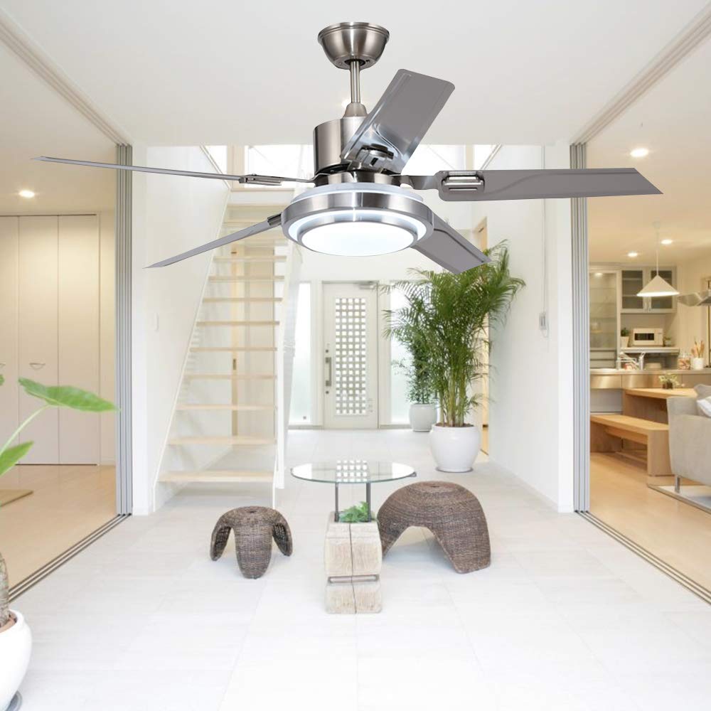 Reversible 42 Inch Ceiling Fan with Light Kit and Remote Control, Stainless Steel Silver Finish - Perfect for Bedroom, Living Room, and Outdoor Patio Cooling