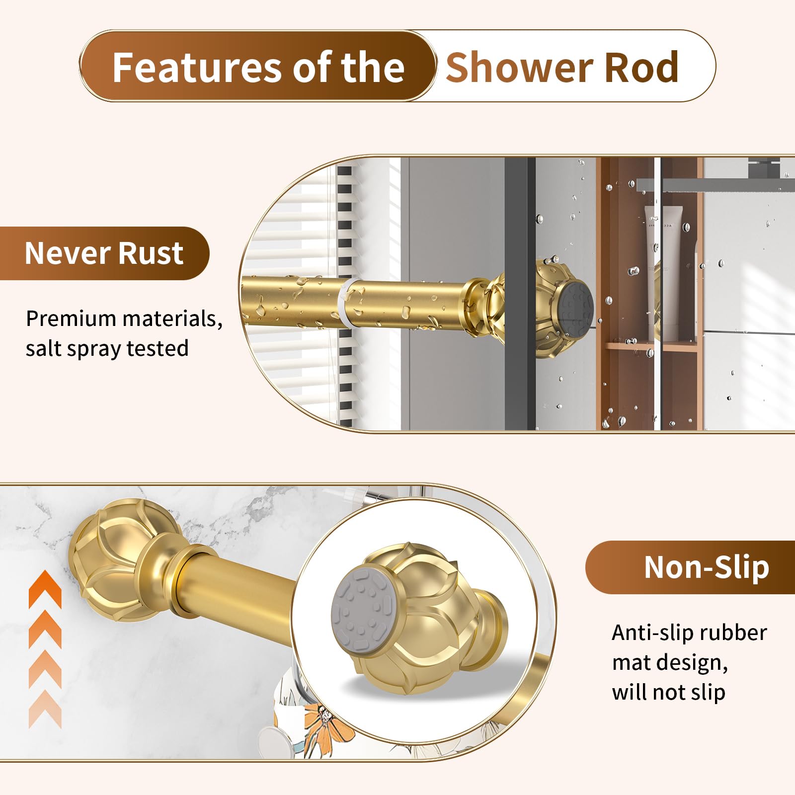 Adjustable Gold Tension Shower Curtain Rod 36-84 Inches (3-7 Feet) - No Drill Rustproof Bathroom Shower Rod with Spring Tension & Non-Slip Grip - Perfect for Small Spaces, Apartments, and Rental Homes