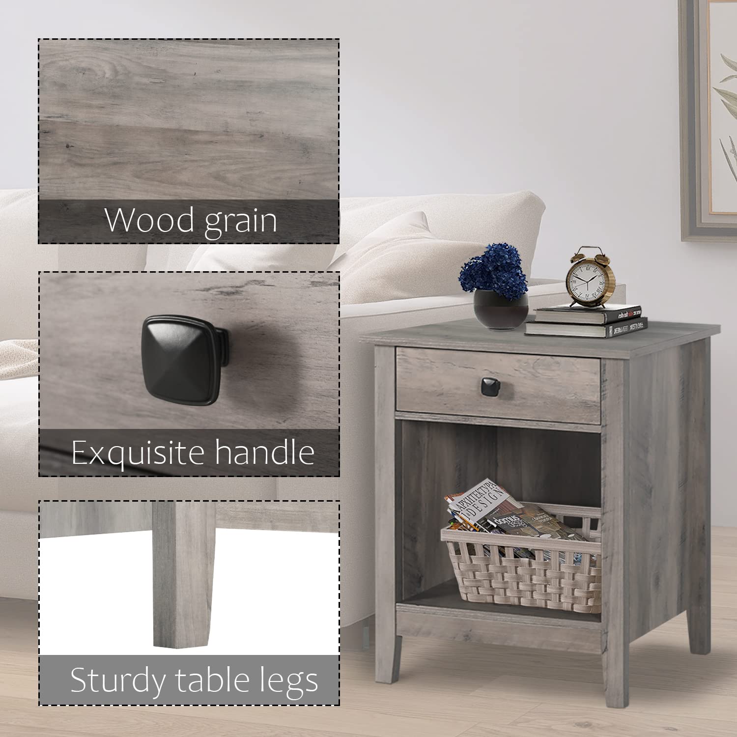 Vikiullf Nightstand Set of 2 - Wooden Bedside Tables with Drawers, Farmhouse Style Bedroom Furniture (Grey Wood Grain, 1-Drawer) - Perfect for Master Bedroom, Guest Room & Small Space Living