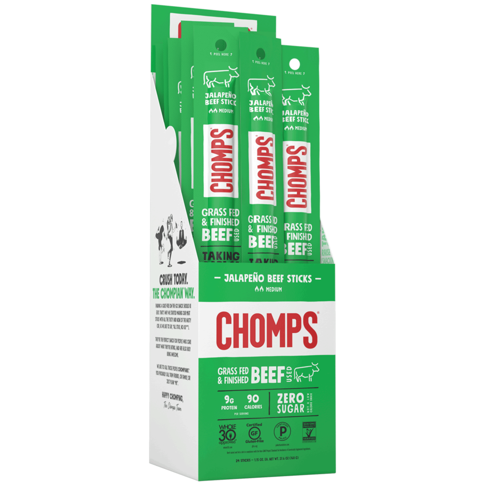 CHOMPS Jalapeno Beef Sticks - Grass Fed, Keto & Paleo Friendly Protein Snacks for Hiking, Travel & On-the-Go Energy