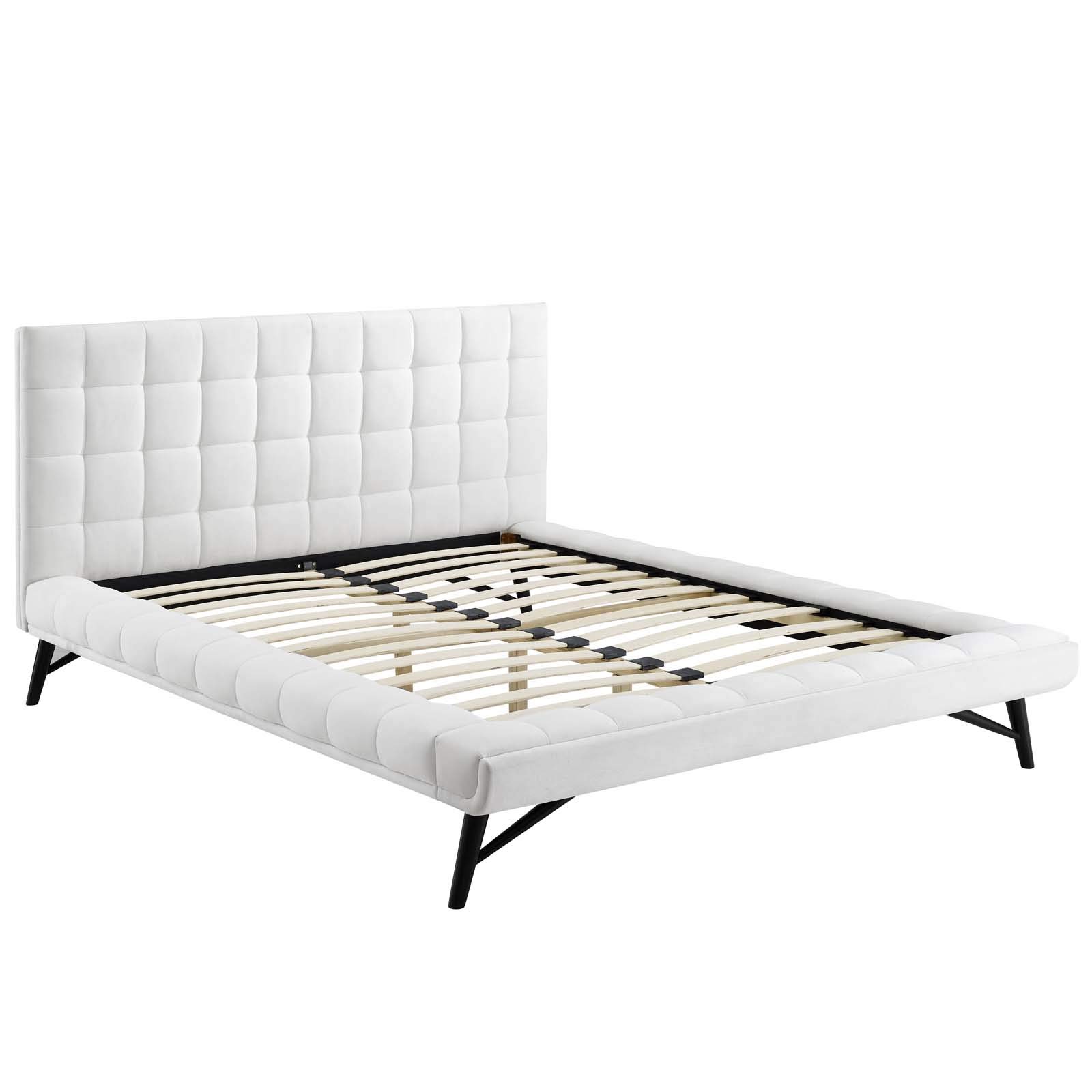 Modway Julia Mid-Century Queen Platform Bed - White Velvet Upholstered with Biscuit Tufting & Performance Fabric | Modern Bedroom Furniture for Small Spaces & Guest Rooms