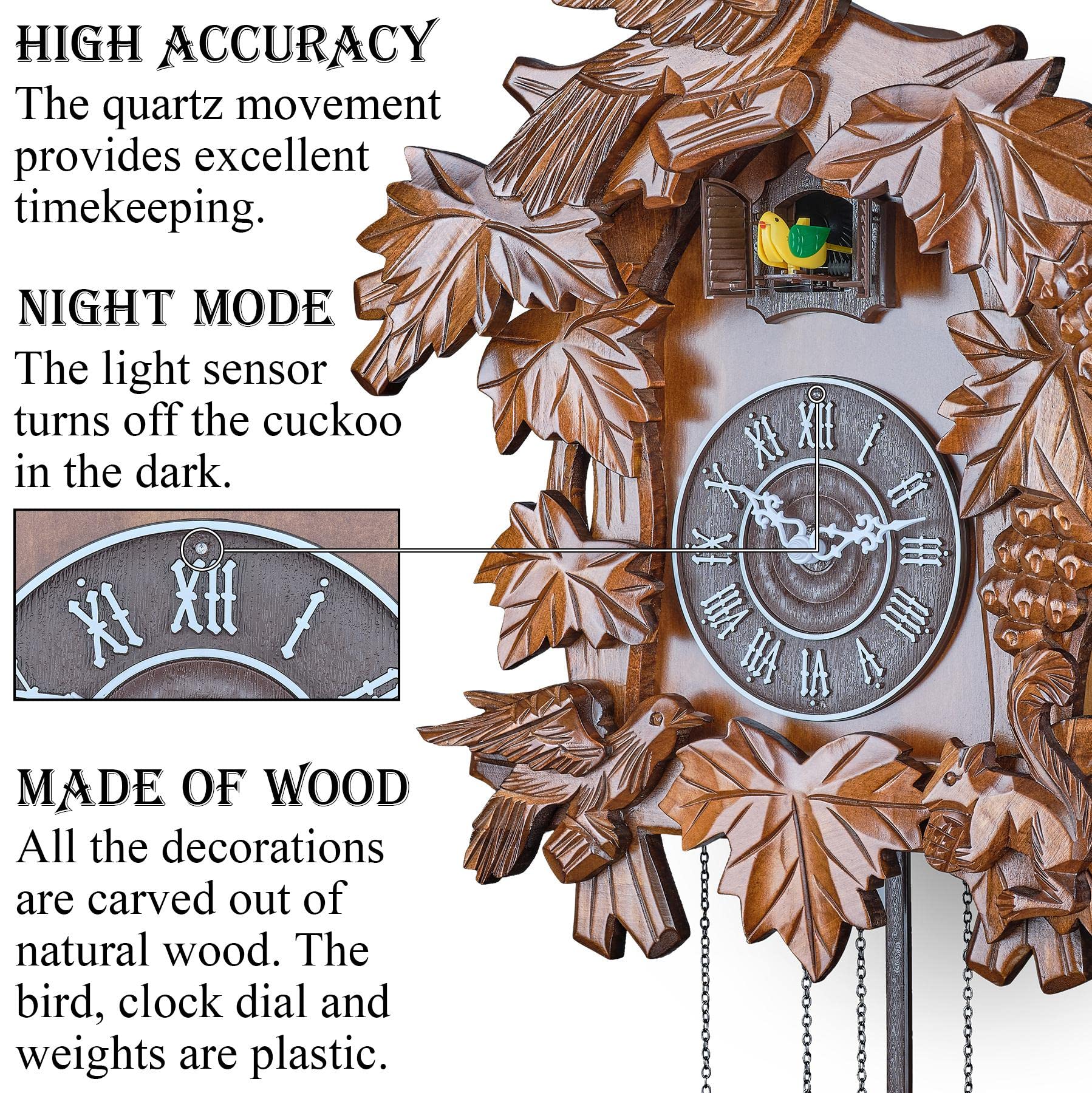 TIMEGEAR Cuckoo Clock with Automatic Night Mode - Hand Carved Wooden Wall Clock - Perfect for Living Room, Bedroom & Office Decor