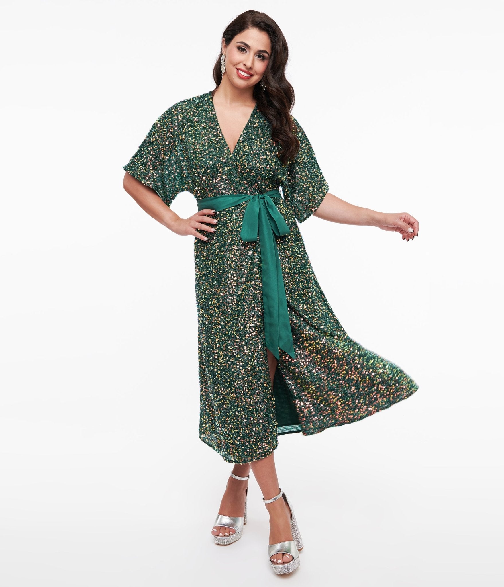 Vintage 1960s Green Sequin Wrap Midi Dress - Retro Party Dress for Women, Holiday Outfit & Special Occasion Wear