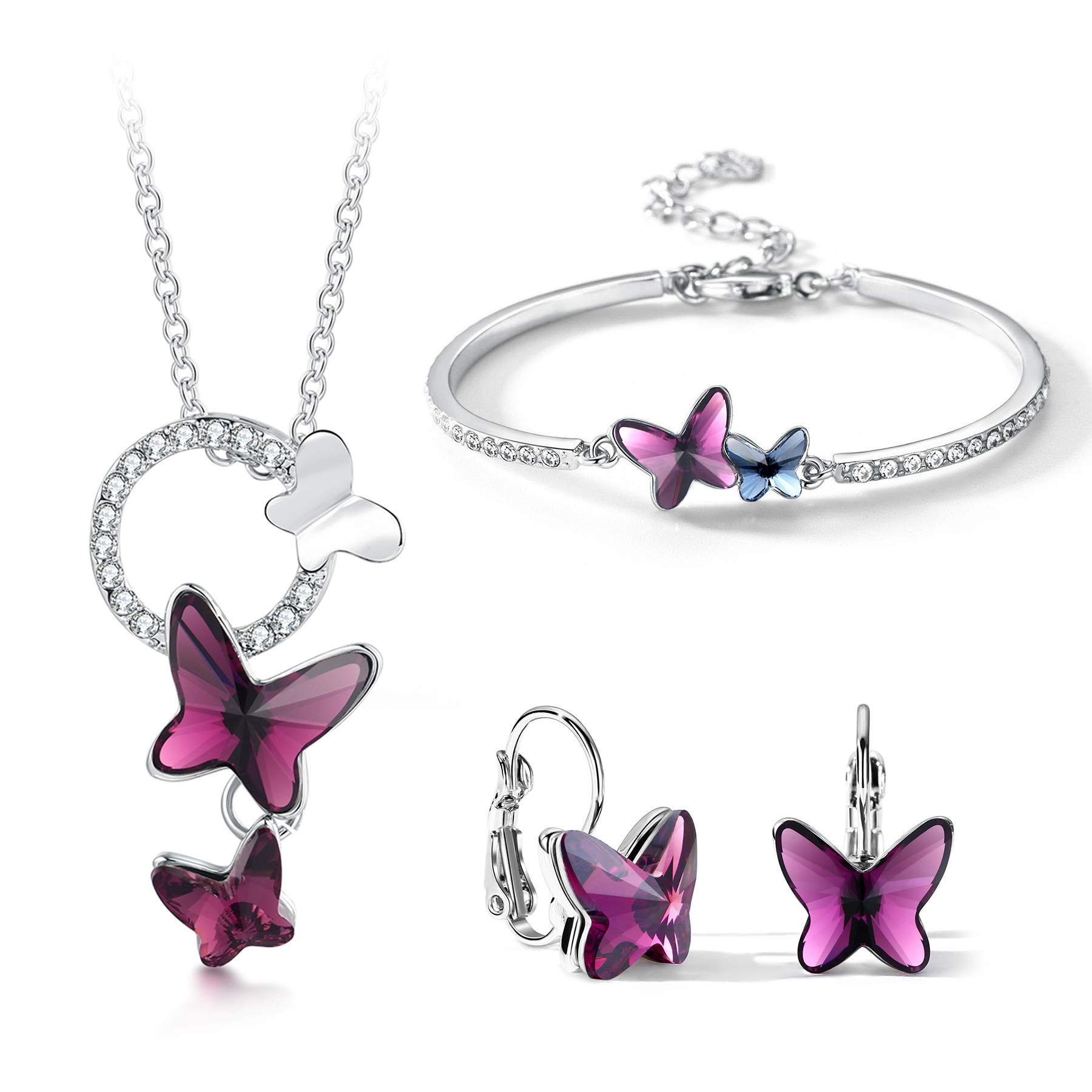 T400 Purple Butterfly Crystal Pendant Necklace Set with Leverback Earrings & Bangle Bracelet - Elegant Jewelry Gift for Women & Girls | Birthday, Anniversary, Party & Special Occasion Wear