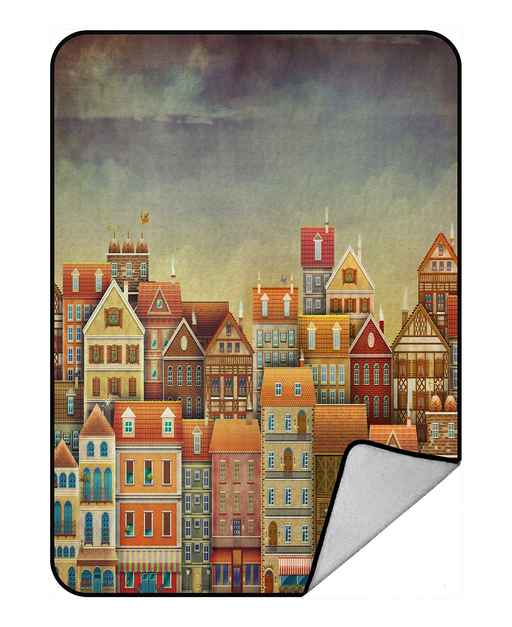 Soft Fleece Plush Blanket 58x80 Inch - Cozy Cute House & Sky Illustration Throw Blanket for Bed, Sofa & Outdoor Picnics - Warm & Comfortable Home Decor Gift