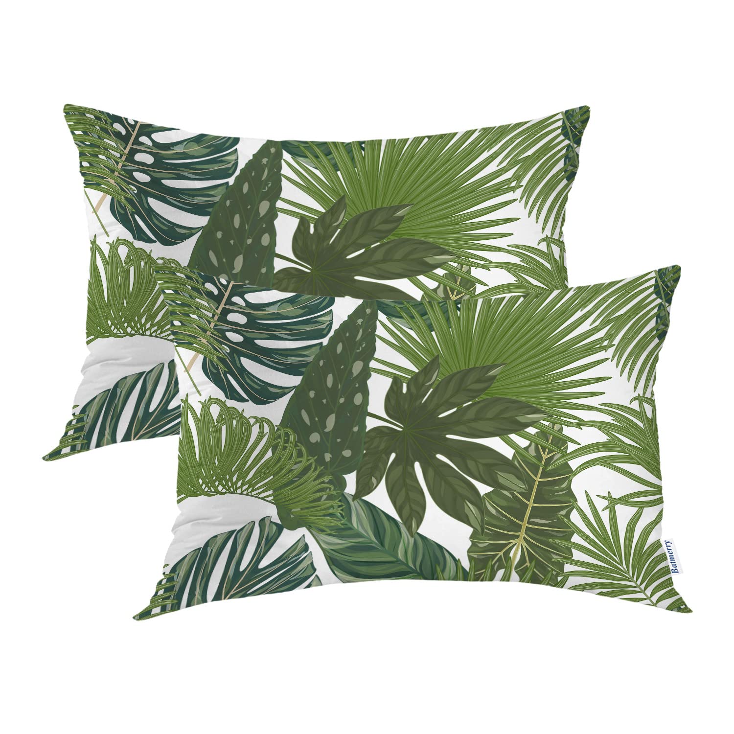Batmerry Green Tropical Palm Leaf Pillowcases - 20x26 Inch White Nature Decorative Bed Pillow Covers with Hidden Zipper | Digital Printed Blended Fabric for Bedroom, Living Room & Guest Room Decor