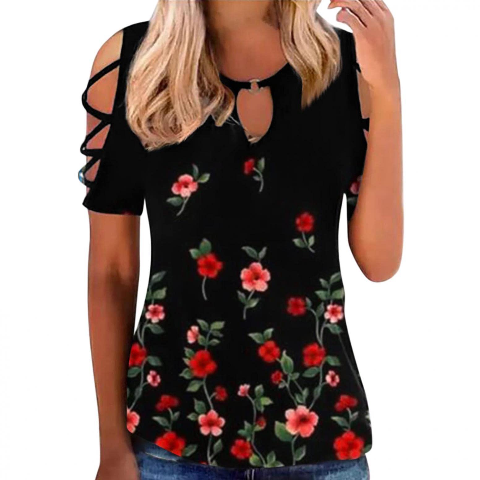 Sexy Women's Summer Tops - Keyhole Hollow Out Short Sleeve Tunic Blouse with Stylish Print | Perfect for Casual Outings, Beach Vacations & Date Nights
