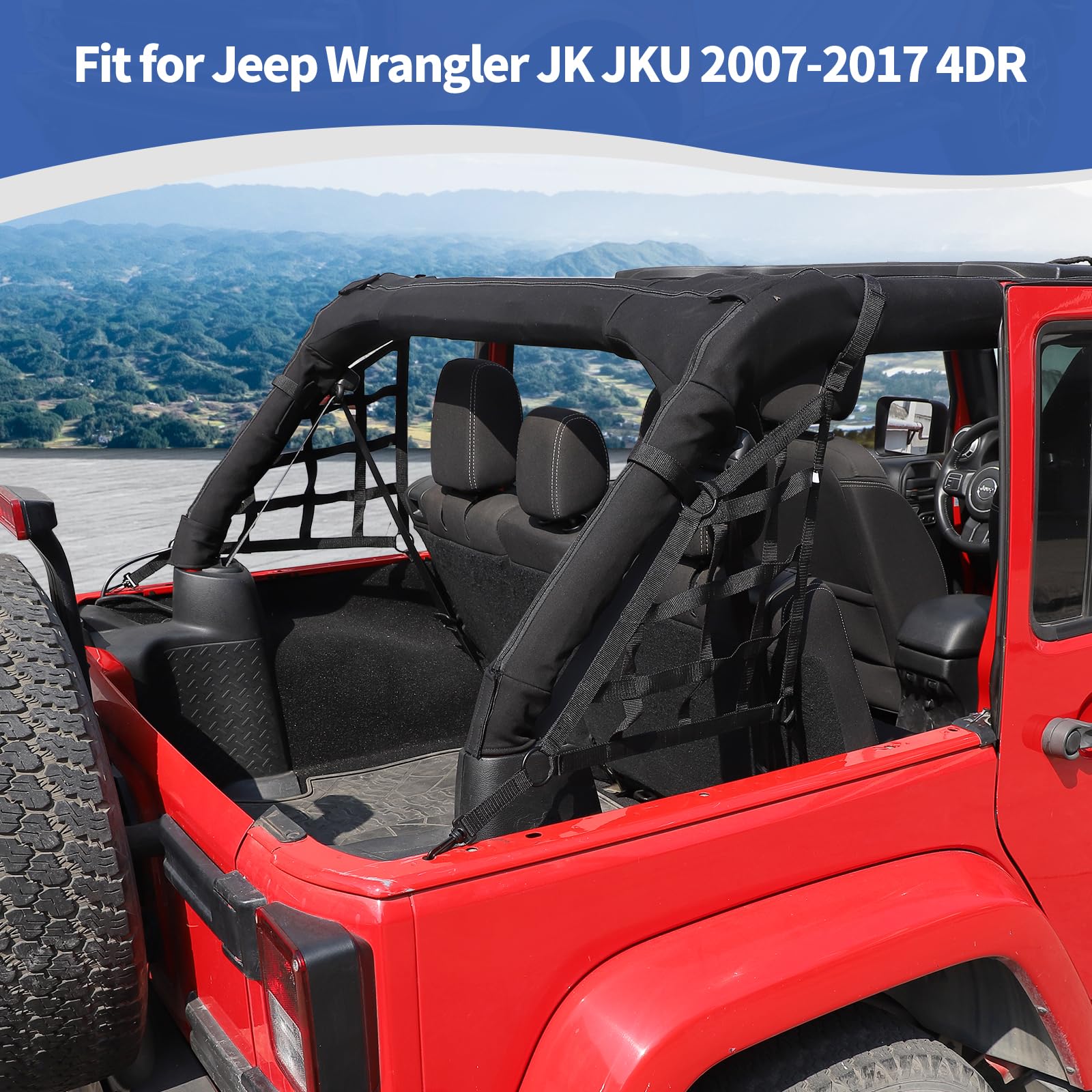 RT-TCZ Mesh Cargo Side Net for Jeep Wrangler JK & JKU (2007-2017) 4-Door - Black Trunk Organizer Accessories (2-Pack) - Perfect for Off-Road Gear Storage & Organization