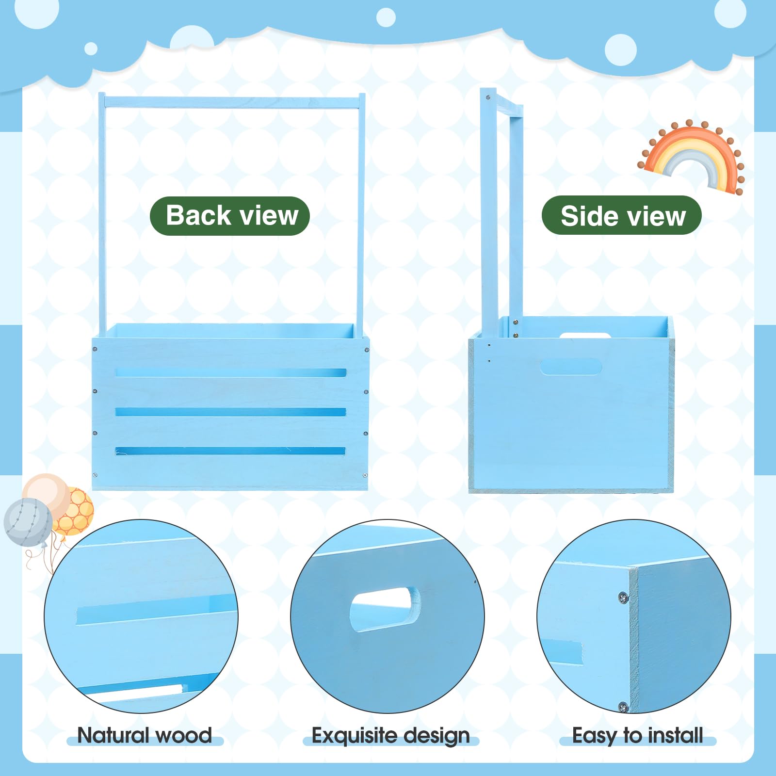 Barydat Wooden Baby Shower Storage Crate - Handmade Baby Basket with Handle & Garland Decor, Nursery Hamper for New Parents - Perfect for Baby Showers, Gender Reveals & Nursery Organization (Blue)