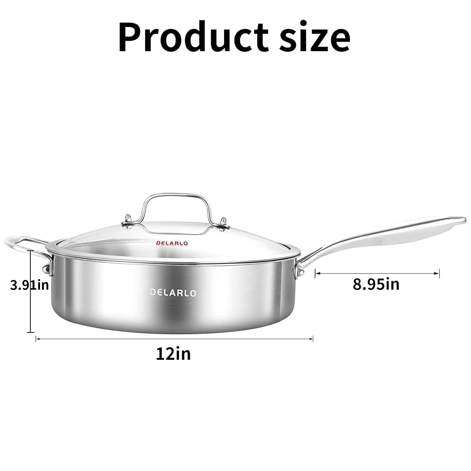 DELARLO 12.5 Inch Tri-Ply Stainless Steel Deep Saute Pan with Lid - 7QT Jumbo Nonstick Frying Pan, Induction Compatible Large Skillet for Professional Chefs - Oven & Dishwasher Safe - Perfect for Stir-Frying, Deep Frying & Searing Meats