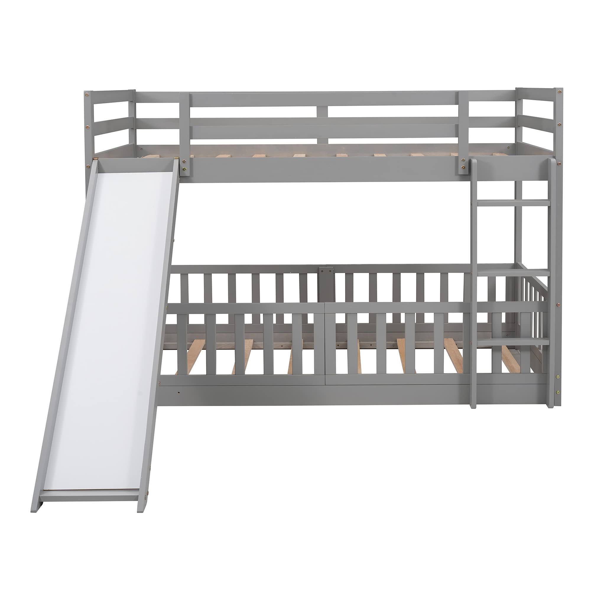 RUNNA Twin Over Twin Wood Bunk Bed with Convertible Slide & Ladder - Space Saving Kids Bunk Bed Frame with Full-Length Guardrail - Convertible to Loft Bed (Gray+Wood) - Perfect for Small Bedrooms, Shared Kids Rooms & Vacation Homes