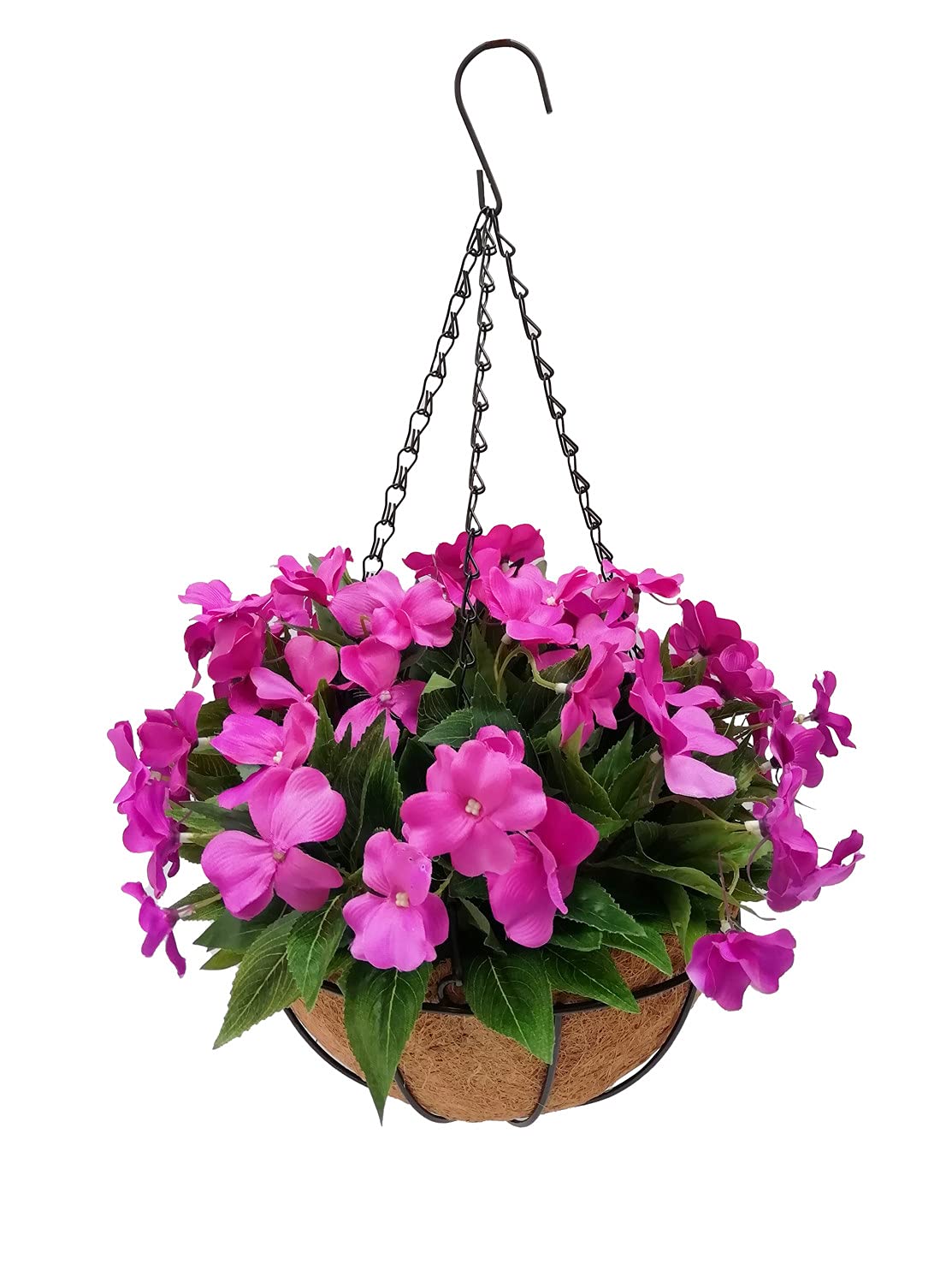 10 Inch Artificial Hanging Flowers Basket - Fake Purple Impatiens Balsamina with Coconut Lining for Indoor & Outdoor Decor - Perfect for Porch, Patio, Garden and Home Decoration