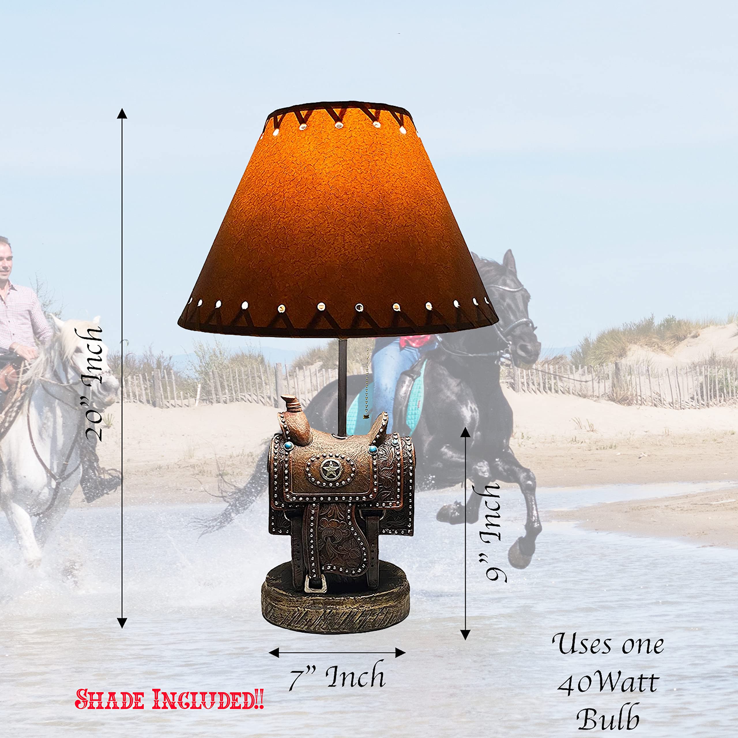 Western Cowboy Saddle Silver Star End Table Lamp - Nightstand & Living Room Accent Light for Bedroom, Office, or Western-Themed Decor - Perfect for Ranch Style Homes, Cowboy Bars, and Country Interior Design
