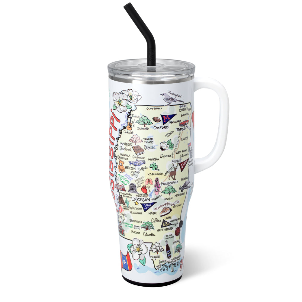 Mississippi Mega Mug 40oz - Large Insulated Stainless Steel Tumbler with Lid & Straw - Perfect for Coffee, Tea, Iced Drinks - Great for Camping, Travel, Office & Outdoor Activities