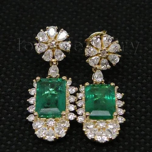 14K Yellow Gold Natural Emerald & Diamond Drop Earrings for Women | 585 Gold Fine Jewelry | Elegant Party & Wedding Gift for Her