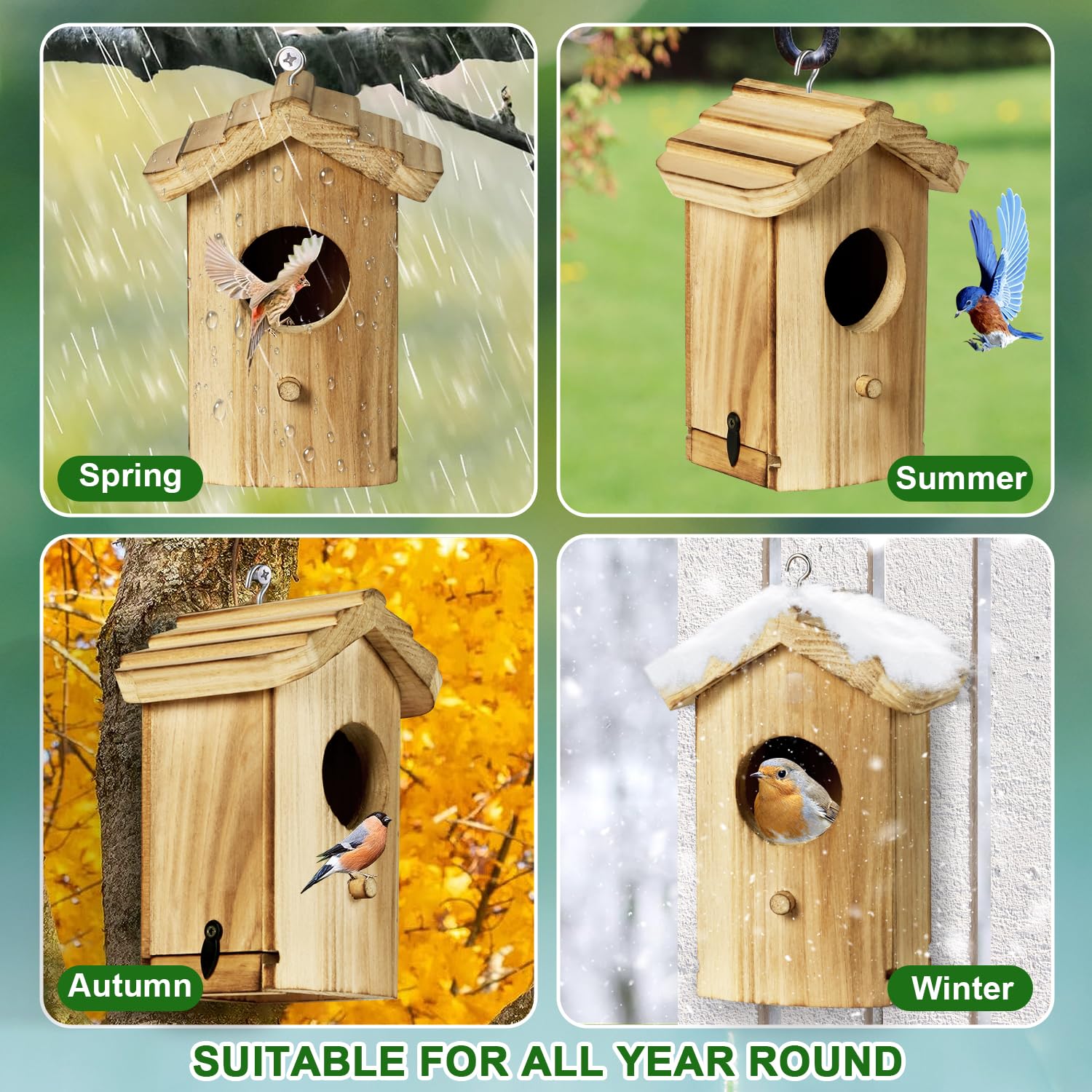 Wooden Hummingbird House for Outside - Hanging Birdhouse with Pole for Bluebirds, Finches & Cardinals - Outdoor Garden Decor for Backyard, Patio & Balcony