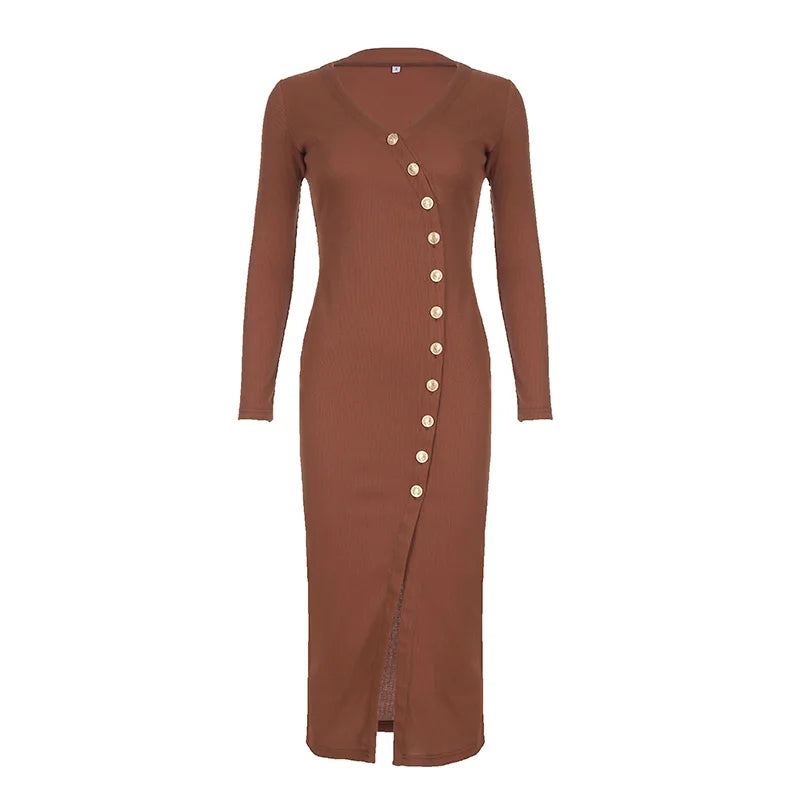 Elegant Asymmetrical Brown Knitted Long Dress for Women - Sexy Split Design with Buttons, Slim Fit Casual Autumn Dress 2024 | Perfect for Clubwear, Date Nights & Fall Fashion