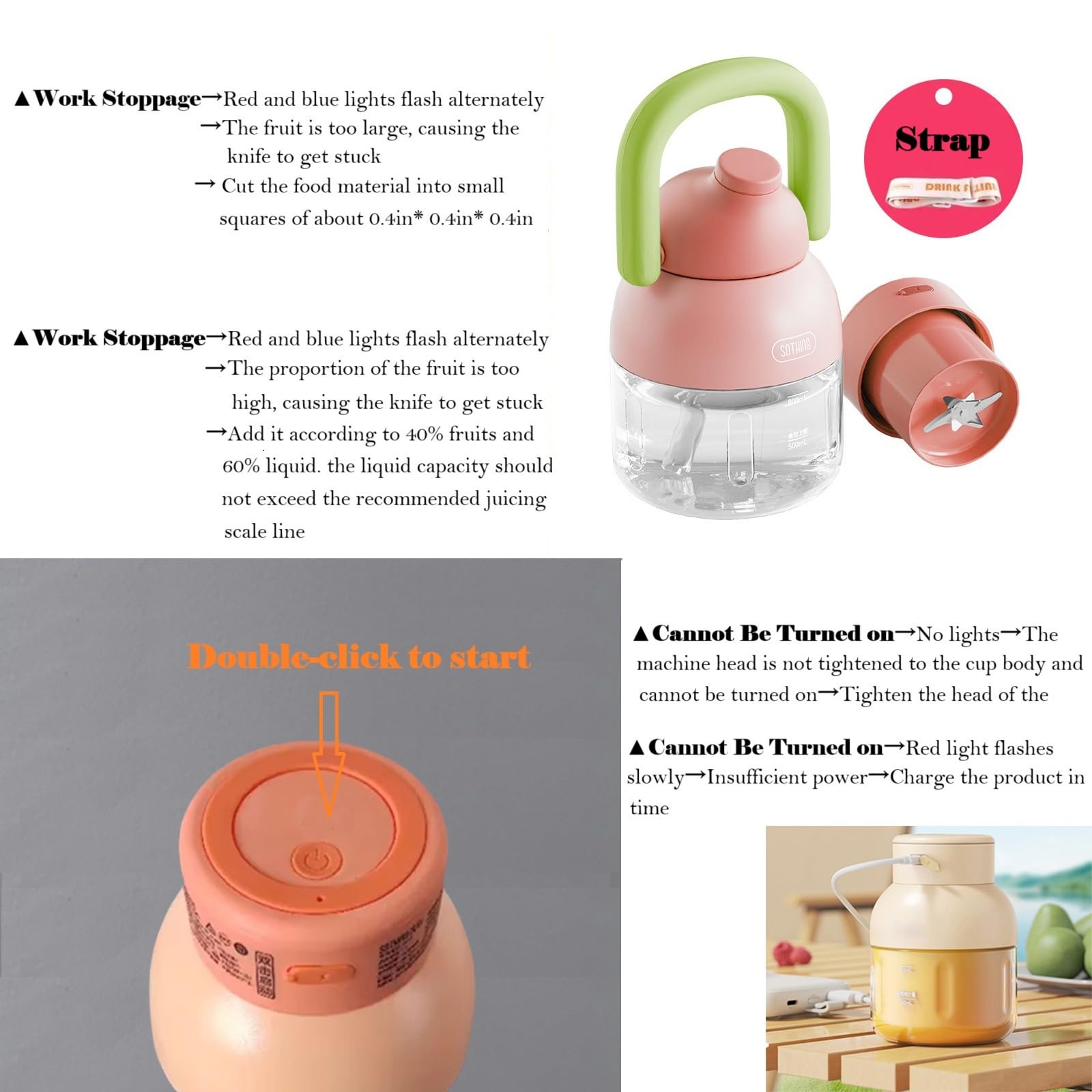 41oz Portable Blender for Shakes & Smoothies - Leakproof Travel Water Bottle with Removable Straw, Handle & Shoulder Strap - BPA Free USB-C Rechargeable Cordless Juicer (Pink) - Perfect for Gym, Office & Outdoor Activities