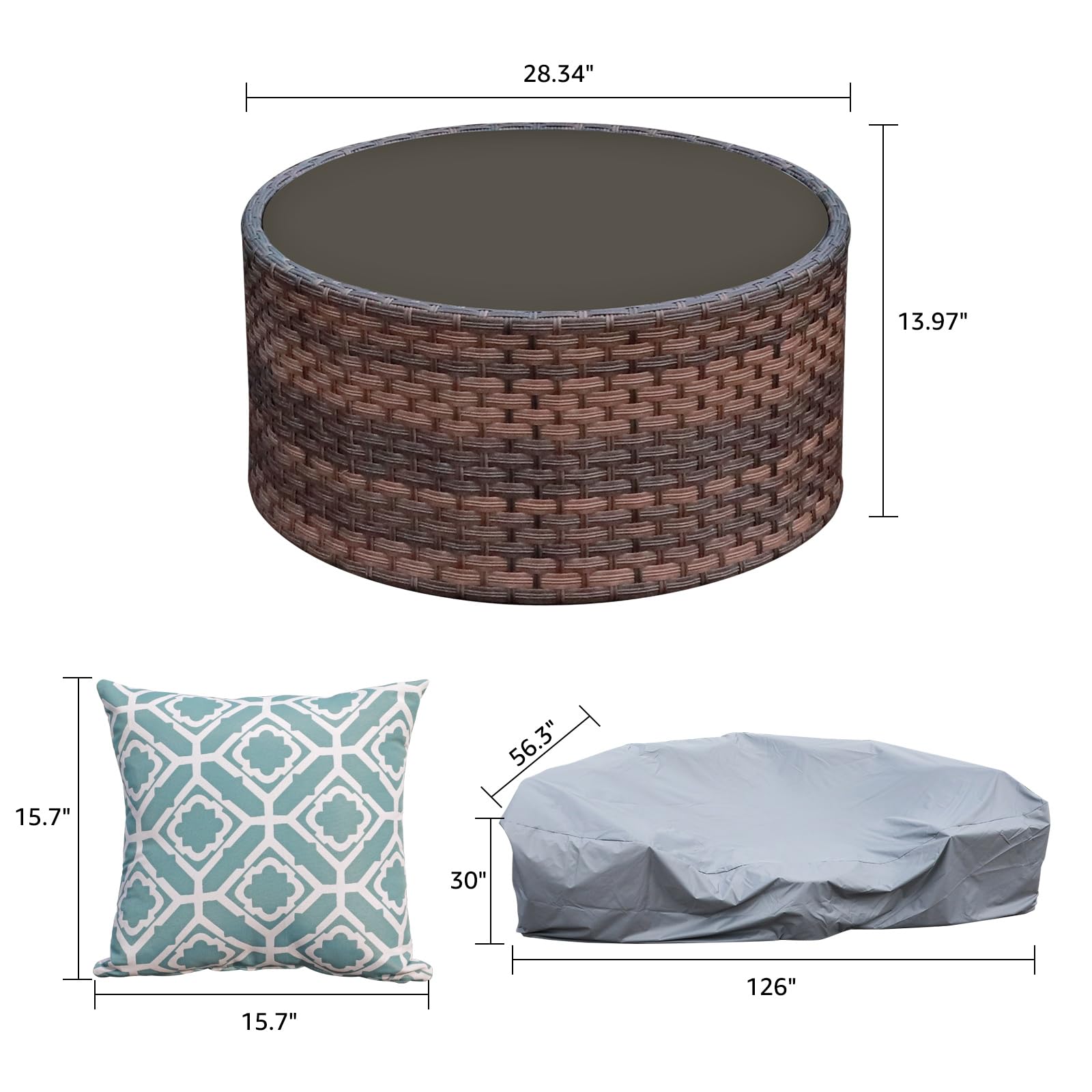 OC Orange-Casual Round Patio Coffee Table with Tempered Glass - Indoor/Outdoor Brown Wicker Table Set (Includes 4 Pillows & Furniture Cover) - Perfect for Living Room, Garden, Balcony & Poolside Relaxation