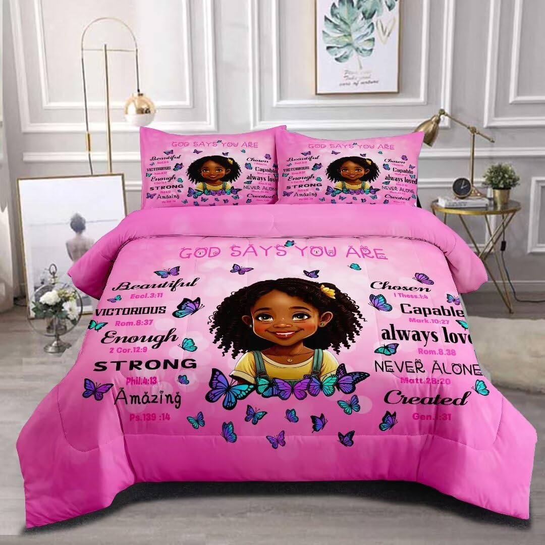 Black Girl Comforter Set Twin for Kids & Teens - God Says You Are Fearfully Made Bedding - Afro Melanin Bedroom Decor - Perfect for Girls' Rooms, Dorm Decor & Birthday Gifts