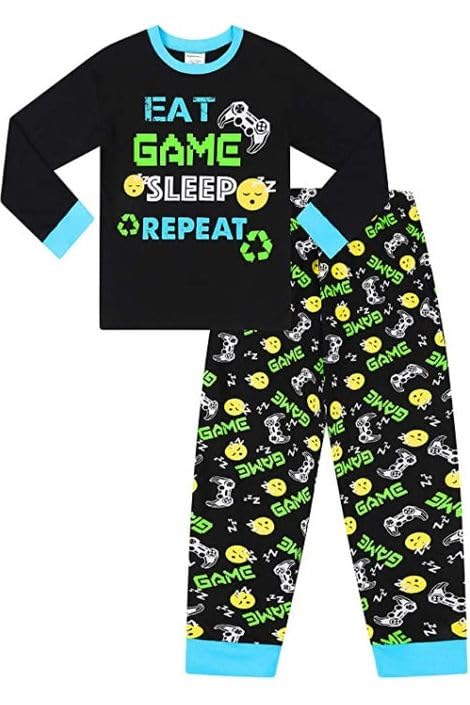 Boys Eat Game Sleep Controller Black Green Long Sleeve Pajama Set - Soft & Comfortable Kids PJS for Bedtime, Gaming & Lounge Wear