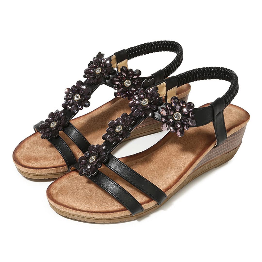 Women's Bohemian Rhinestone Wedge Sandals - Retro Fashion Flower Sandals for Ladies | Perfect for Summer, Beach, and Casual Outfits