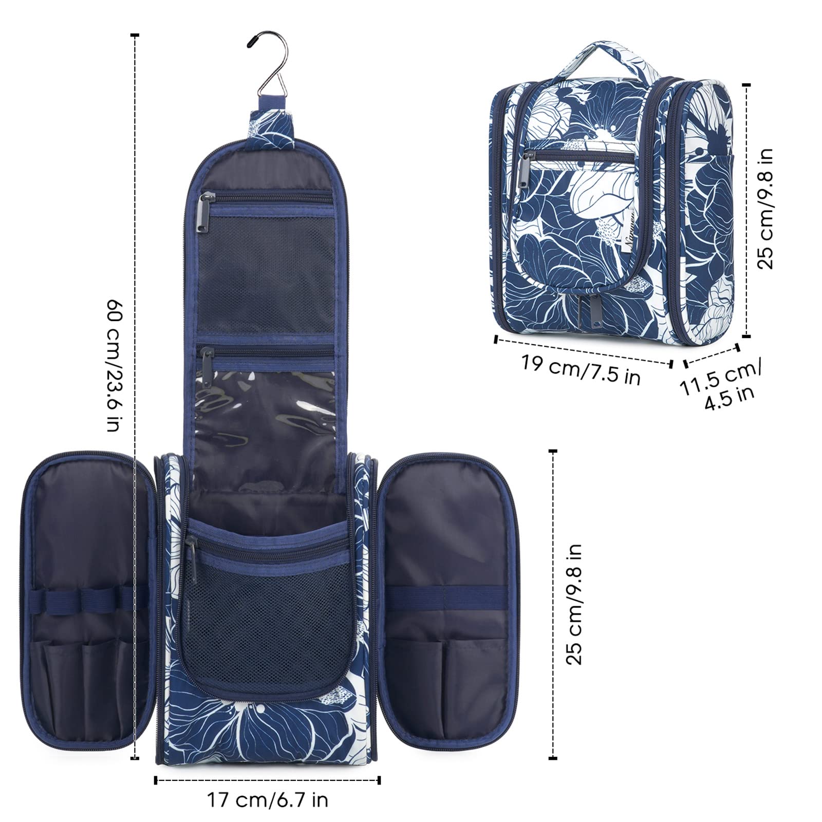 Narwey Small Hanging Travel Toiletry Bag - Waterproof Cosmetic Makeup Organizer for Women & Men - Perfect for Bathroom, Gym, Camping Trips (Medium, Blue Lotus)