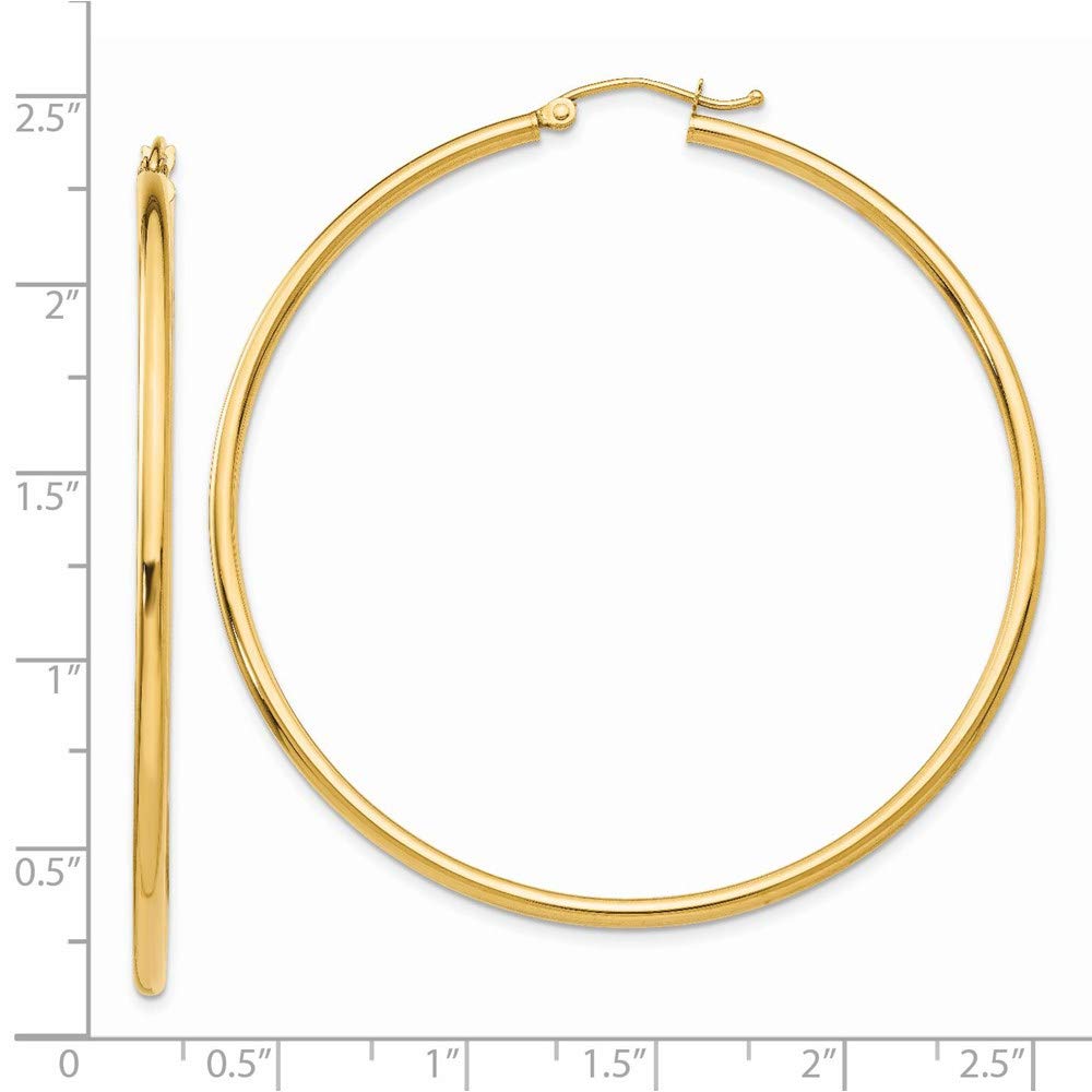 14K Yellow Gold Hoop Earrings for Women - 55mm Polished 2mm Tube Design - Perfect for Everyday Wear, Parties & Special Occasions