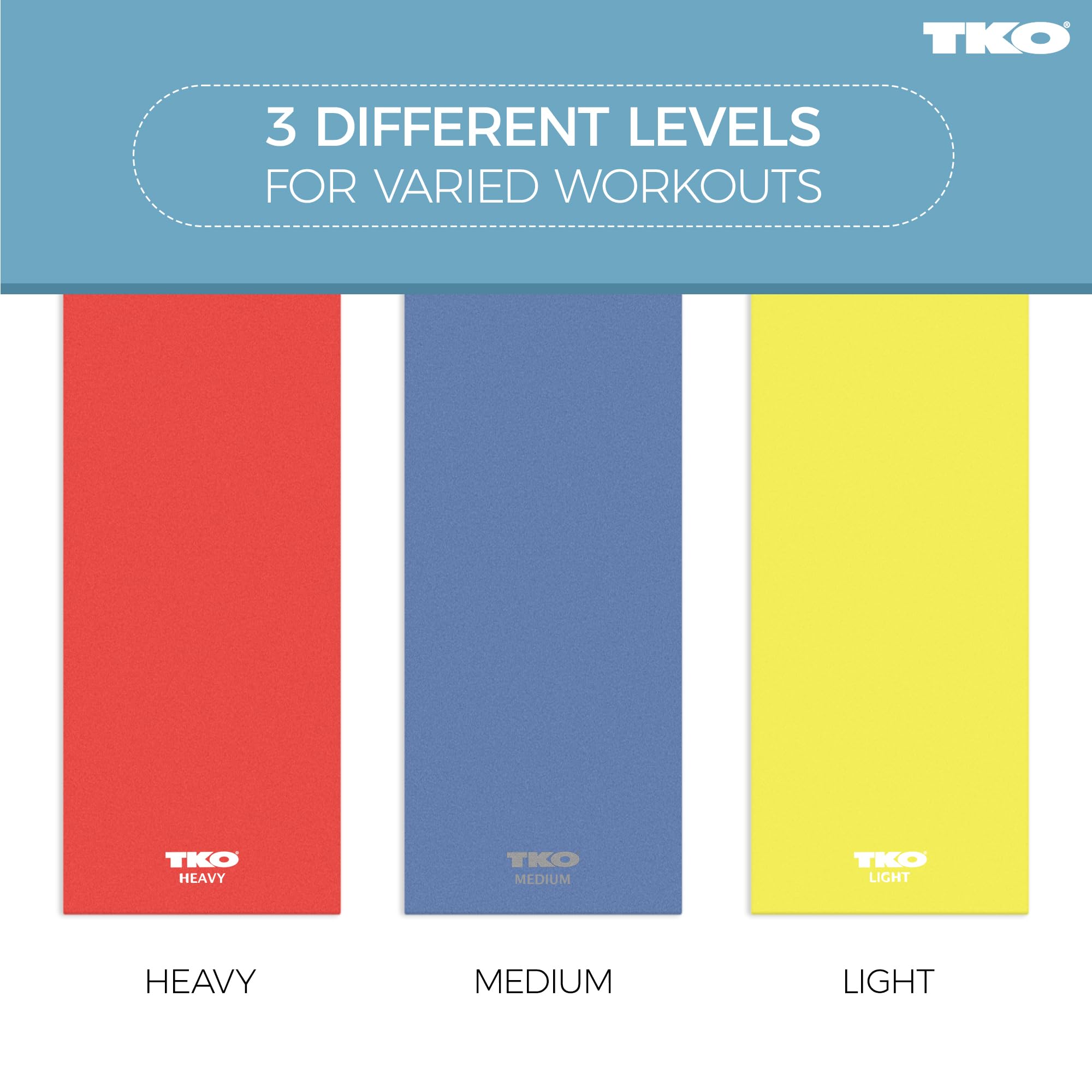 TKO Resistance Bands Set - 3 Pack with Light, Medium & Heavy Levels - Flat Elastic Exercise Bands for Women & Men - Perfect for Home Workouts, Gym Training, Yoga & Physical Therapy