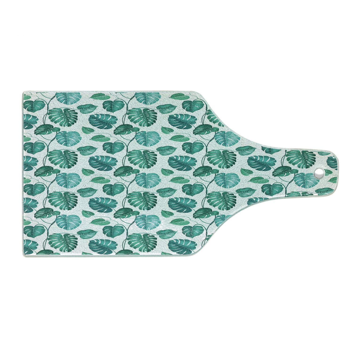 Ambesonne Green Leaf Tempered Glass Cutting Board - Tropical Palm Tree Leaves Design, Hawaiian Jungle Foliage - Wine Bottle Shaped Serving Board in Sea Green, Teal & White - Perfect for Kitchen Prep, Charcuterie Platters & Wine Pairing Parties