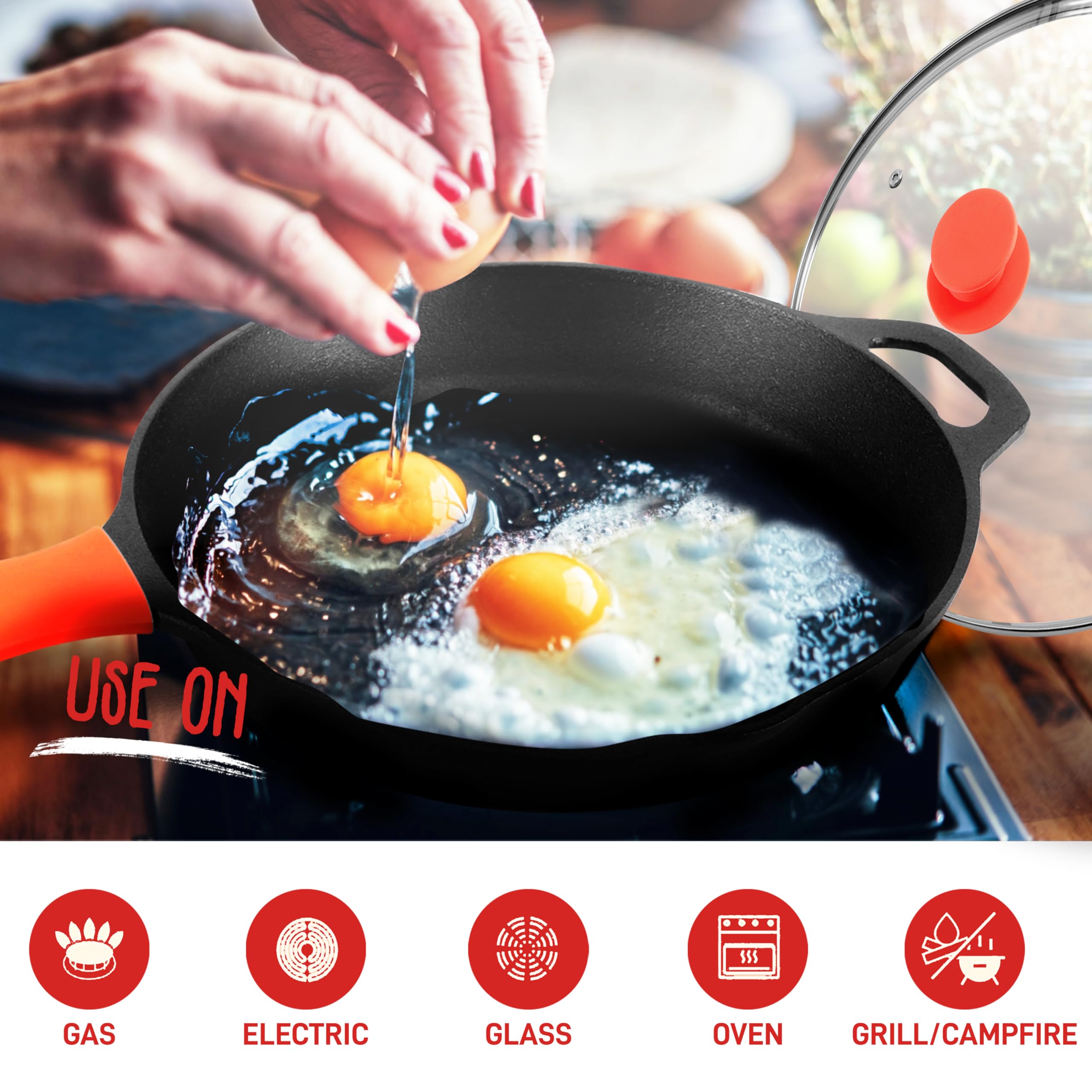 NutriChef 12-Inch Pre-Seasoned Cast Iron Skillet with Lid - Oven Safe, Nonstick Frying Pan with Cool-Touch Silicone Handle - Compatible with All Cooktops (Gas, Electric, Induction) - Perfect for Searing, Baking, and Stovetop Cooking - NCCI12