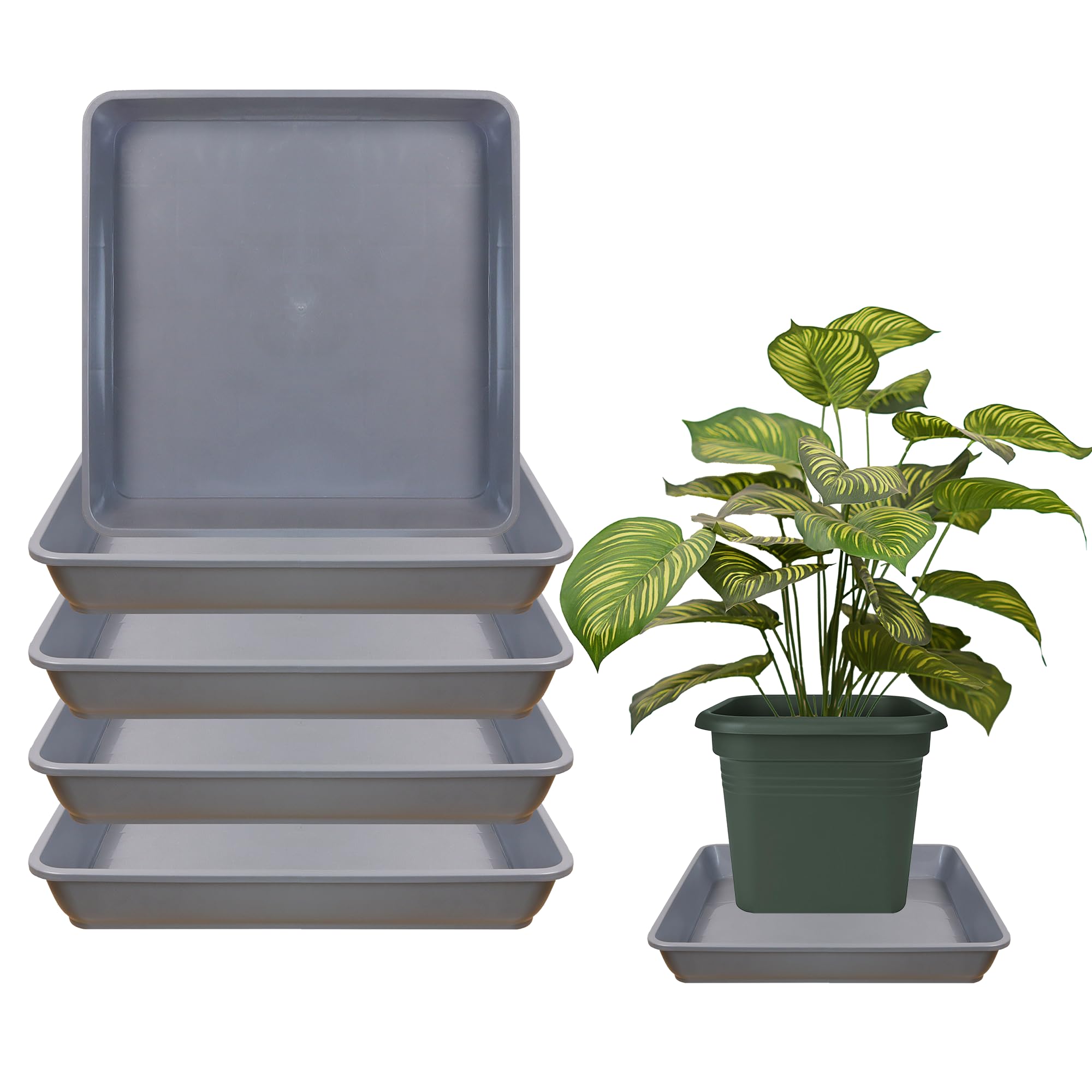 5 Pack 7 Inch Square Plant Saucers - Durable Plastic Plant Trays for 6 Inch Pots Indoor & Outdoor Use - Water Catchment Drip Trays for Potted Plants, Flower Pots & Planters (Gray, 5 Pieces) - Perfect for Balcony Gardening, Greenhouses & Home Decor