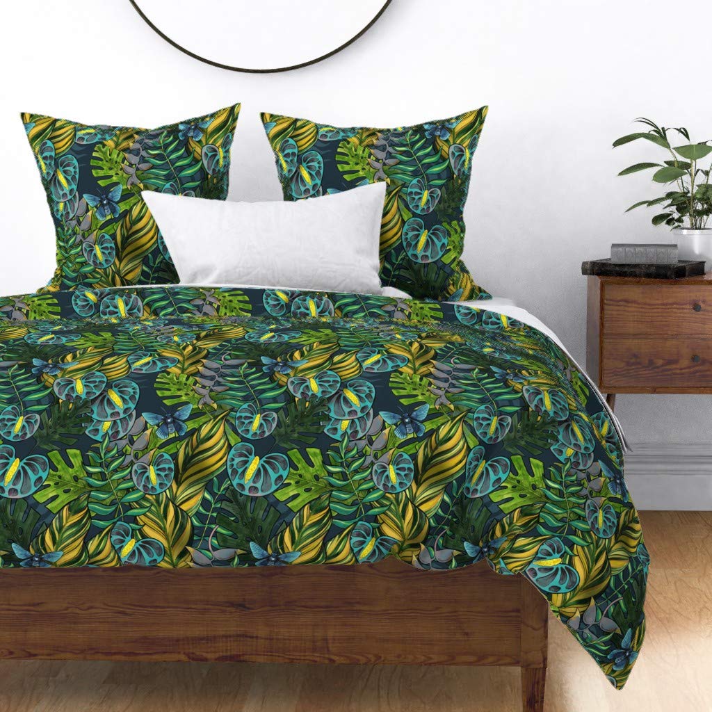Blues Bohemian Tropical Leaves Green Botanical Island Boho Paradise Cotton Sateen Duvet Cover - King/California King Size | Spoonflower Custom Bedding for Bohemian & Tropical Bedroom Decor