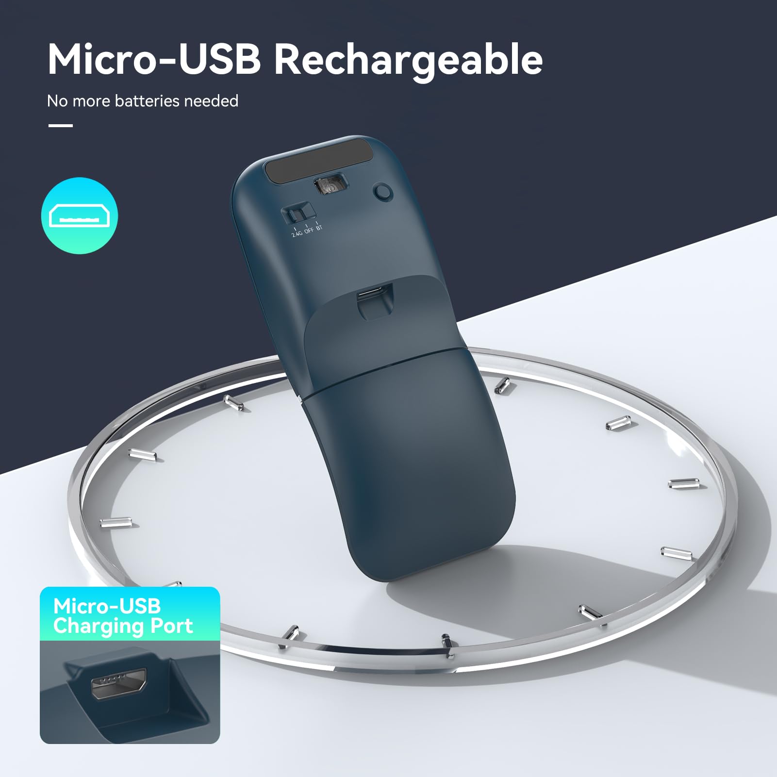 Foldable Bluetooth Travel Mouse - Rotatable Wireless Mouse with 2.4G USB Receiver, Rechargeable Ergonomic Mouse for Laptop, Notebook, PC | Portable for Business Travel, Office & Home Use (Blue)