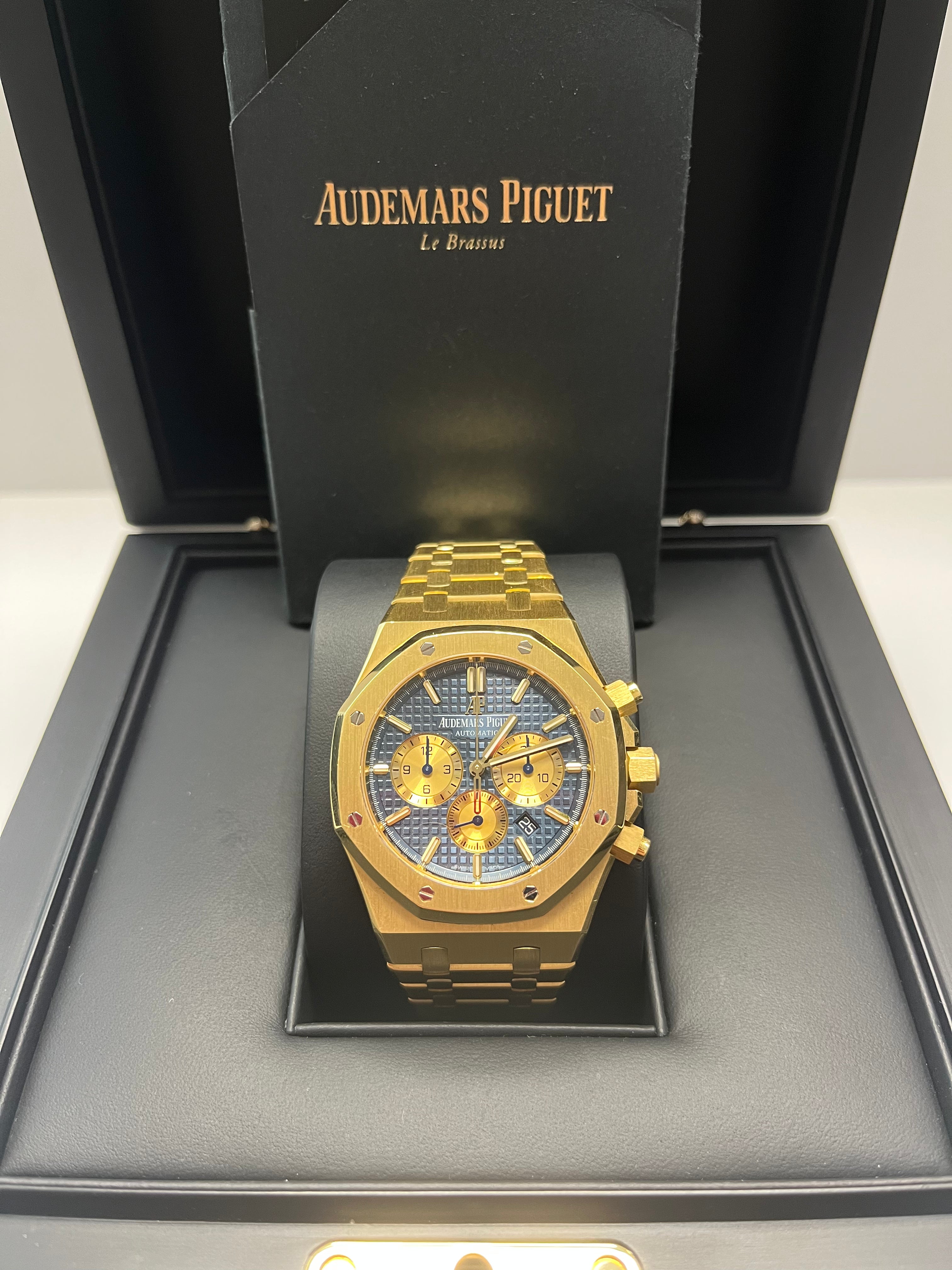 Audemars Piguet Royal Oak 41mm Selfwinding Chronograph Watch - 18k Yellow Gold Case, Blue Dial with Yellow Sub Dials (Ref 26331BA.OO.1220BA.01) | Luxury Men's Timepiece for Business, Gala & Special Occasions