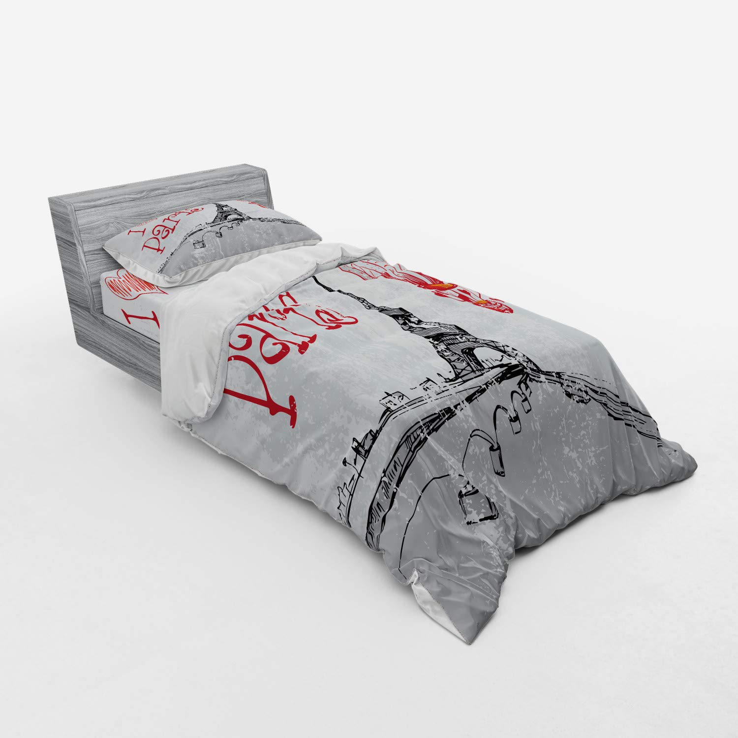 Ambesonne Paris Romance Bedding Set - Hot Air Balloon & Hearts Doodle Print Duvet Cover, Sham & Fitted Sheet (3-Piece, Twin XL, Red/Black/Grey) | Perfect for Couples & Romantic Bedroom Decor
