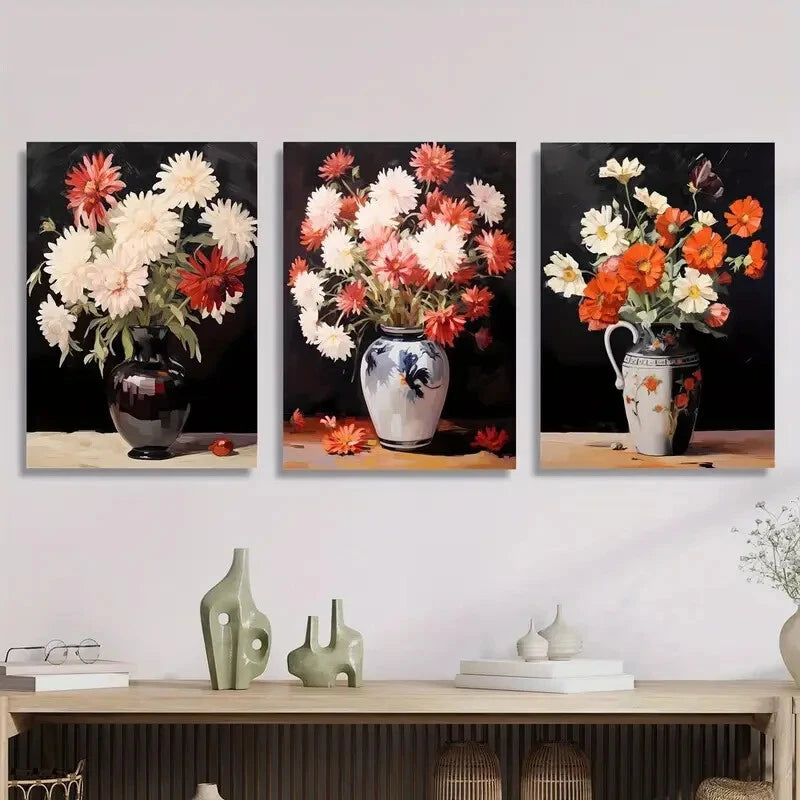 3-Piece Ink Floral Vase Metal Wall Art Prints - Modern Classic Ready to Hang Home Decor for Living Room, Bedroom & Office