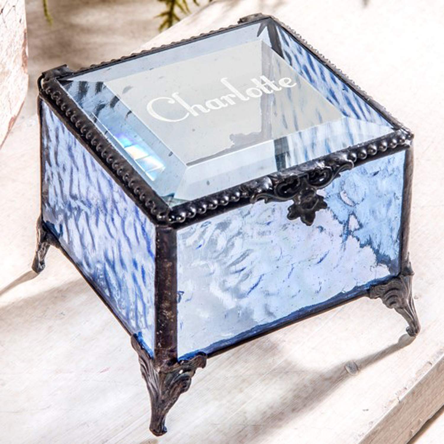 Personalized Engraved Jewelry Box with Stained Glass - Decorative Vanity Display Keepsake Gift for Women - Blue EB217-1 - Perfect for Wedding, Anniversary & Birthday Presents