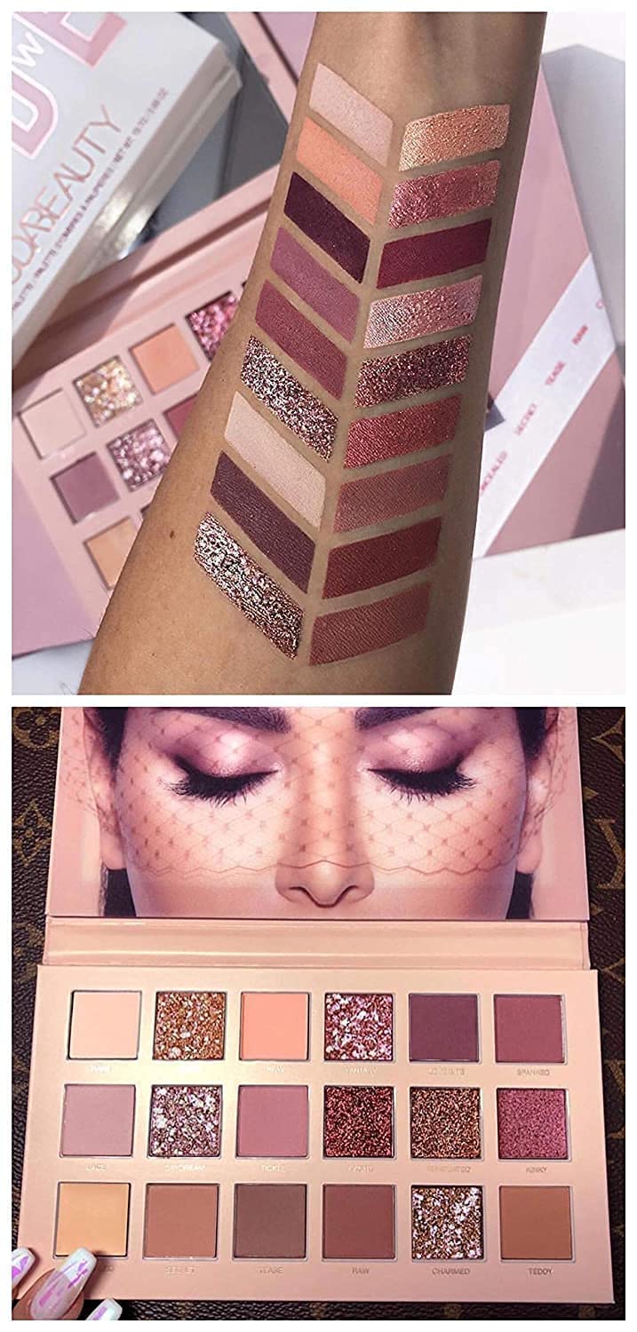 18-Color Matte & Glitter Eyeshadow Palette for Women - Rose Gold & Nude Shades with High Pigmentation + 7 Pink Makeup Brushes | Perfect for Day to Night Makeup, Party & Professional Looks