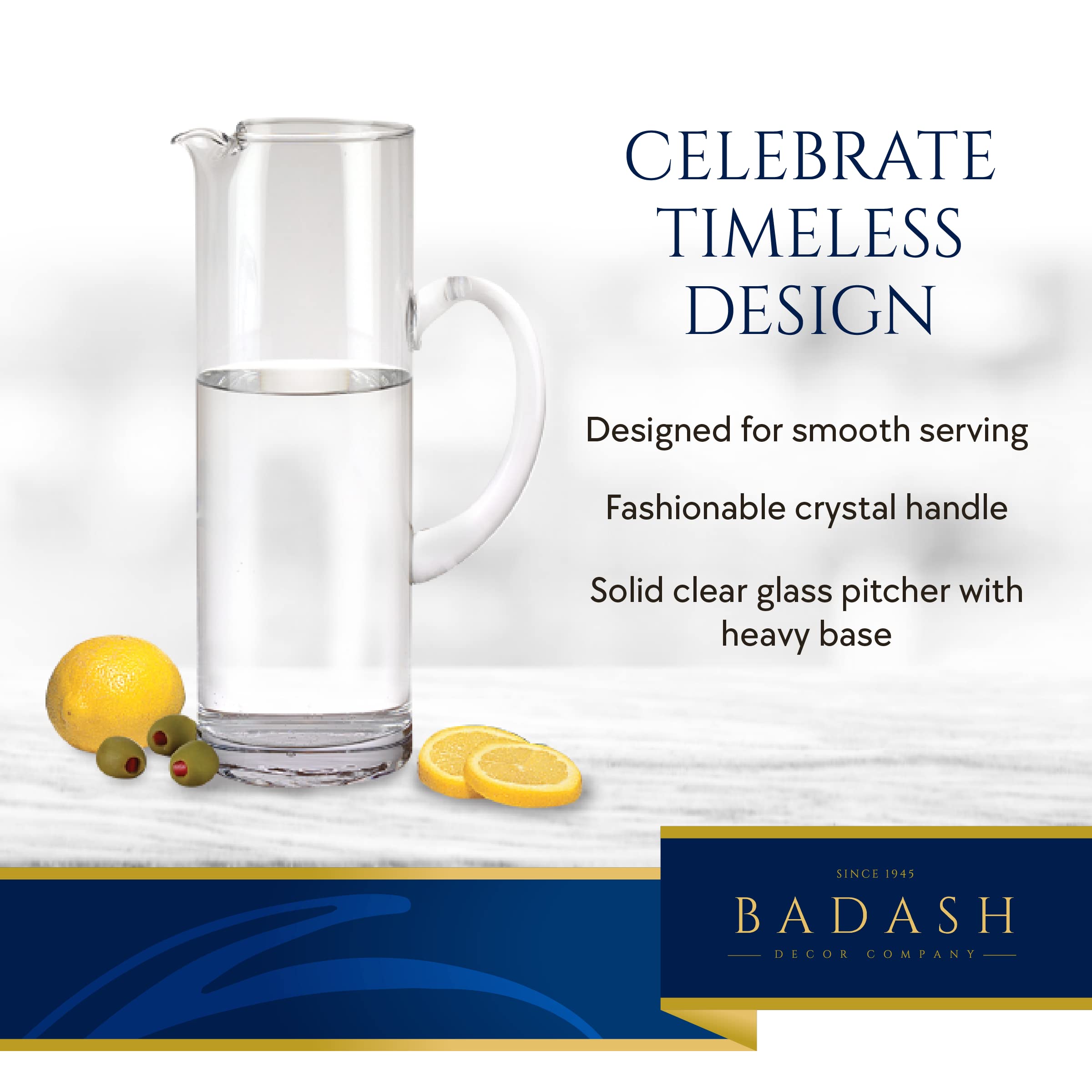 Badash Crystal Glass Pitcher - 9.75” Tall Hand-Blown Lead-Free Crystal Pitcher - 48 oz. Cocktail & Beverage Pitcher - Elegant Cylinder Design for Water, Juice, Iced Tea & Party Drinks - Perfect for Home, Bar & Restaurant Use