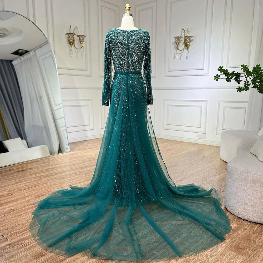 Luxury Green Beaded Mermaid Evening Dress for Muslim Women - Dubai Wedding Party Gown with Overskirt - Serene Hill LA72032D | Perfect for Formal Events, Bridal Showers & Special Occasions