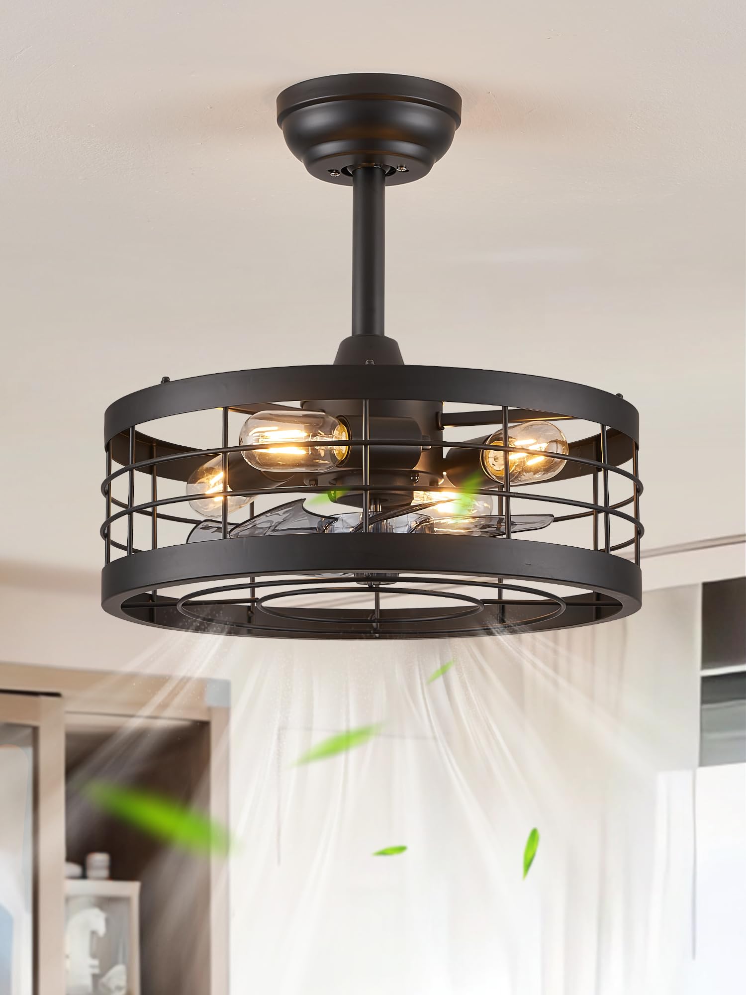 16.5 Inch Black Industrial Ceiling Fan with Light & Remote Control - 6 Speed Adjustable Farmhouse Fandelier for Kitchen, Bedroom, Outdoor - Rustic Cage Design with Timer Function - Perfect for Home, Patio and Restaurant Decor