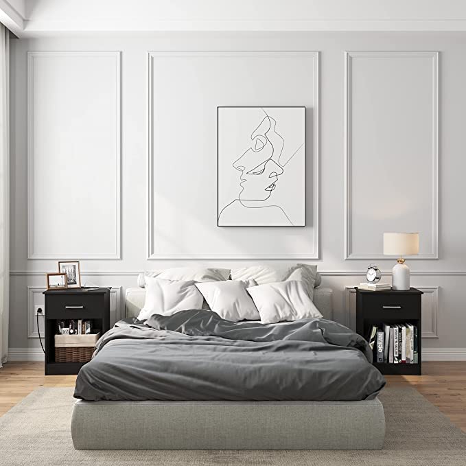 LIKOVSCI Nightstand Set of 2 - Modern Bedside Tables with Storage Drawers, End Tables for Bedroom (Black) - Perfect for Small Spaces, Guest Rooms & Apartment Decor