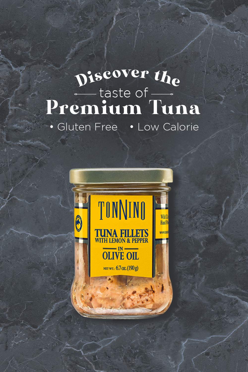 Premium Tonnino Yellowfin Tuna Fillets in Olive Oil with Lemon Pepper - Gluten Free, Low Calorie, 6.7 oz Jar - Perfect for Salads, Sandwiches & Keto Meals