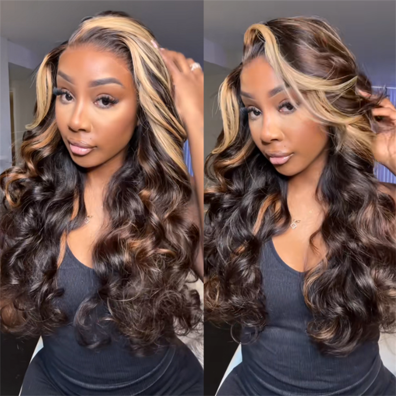 Eullair Balayage Highlight Blonde Body Wave Glueless Wig - Colored Skunk Stripe Lace Frontal Human Hair Wig for Women | Natural Look for Parties, Cosplay & Daily Wear
