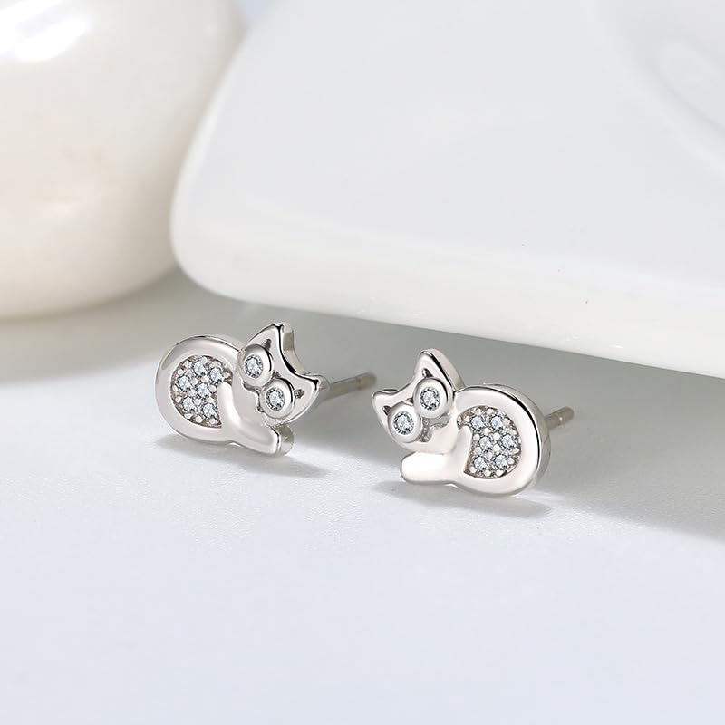 Ginger Lyne Sterling Silver Kitty Cat Stud Earrings with CZ Stones - Perfect for Casual Wear, Gifts & Cat Lovers